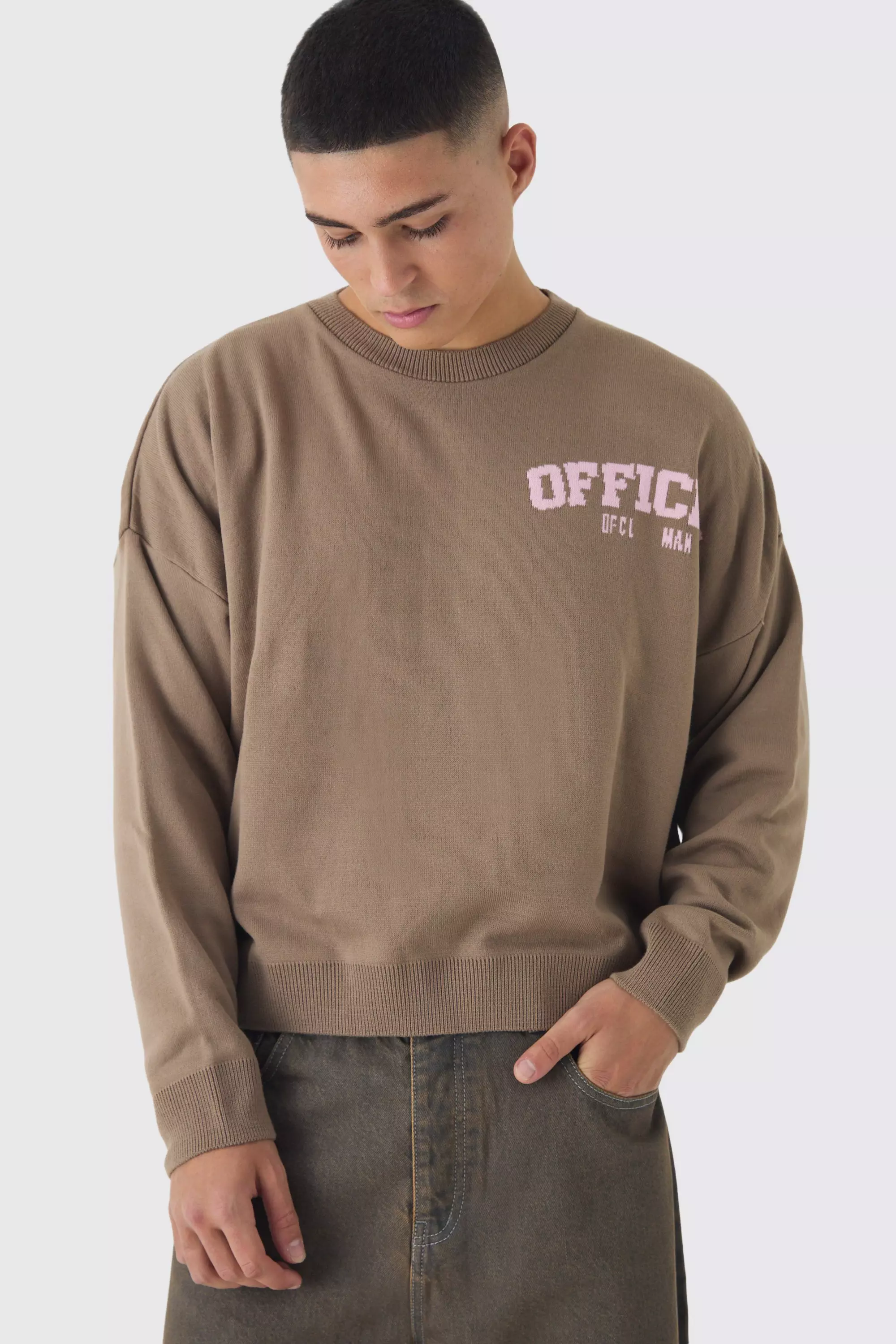 Boxy Official Varsity Knitted Sweatshirt boohooMAN UK