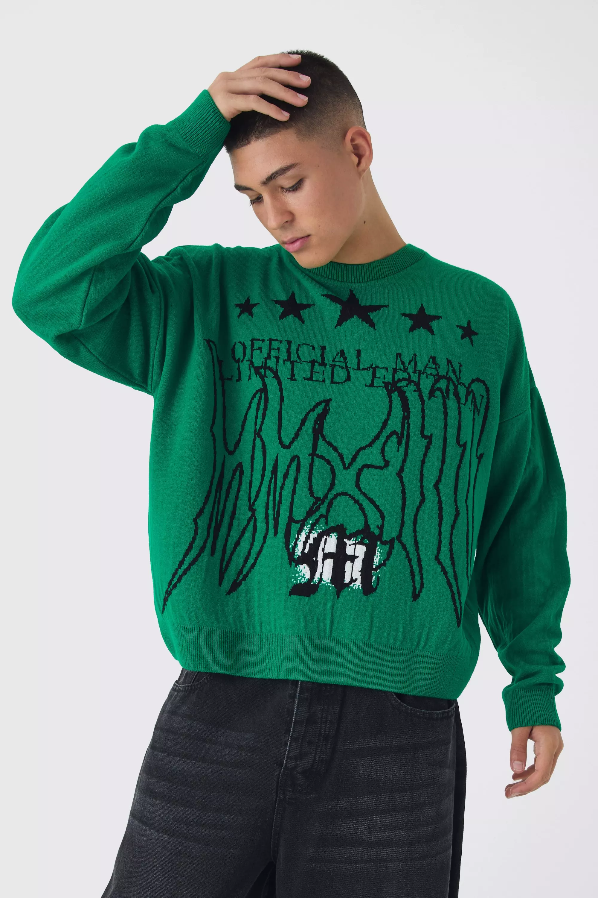 Boxy Star Graphic Crew Neck Sweater Green