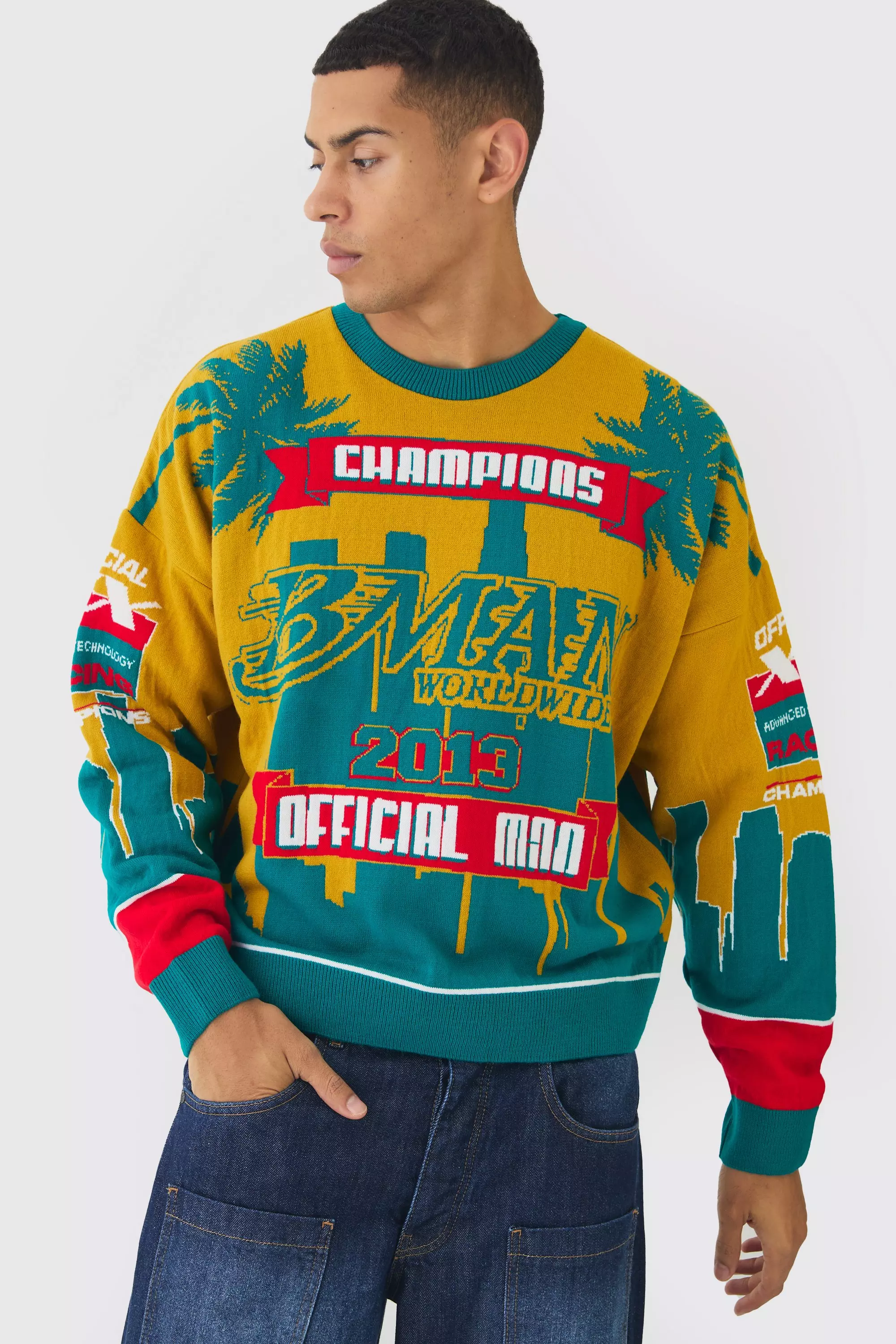 Teal Moto Graphic Knitted Sweatshirt alternative image