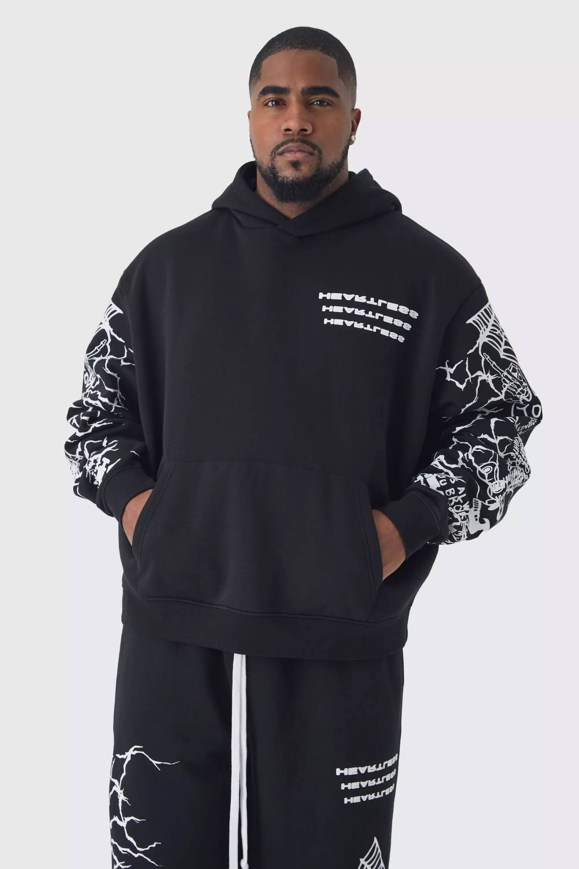 Black Plus Oversized Boxy Sleeve Print Hoodie