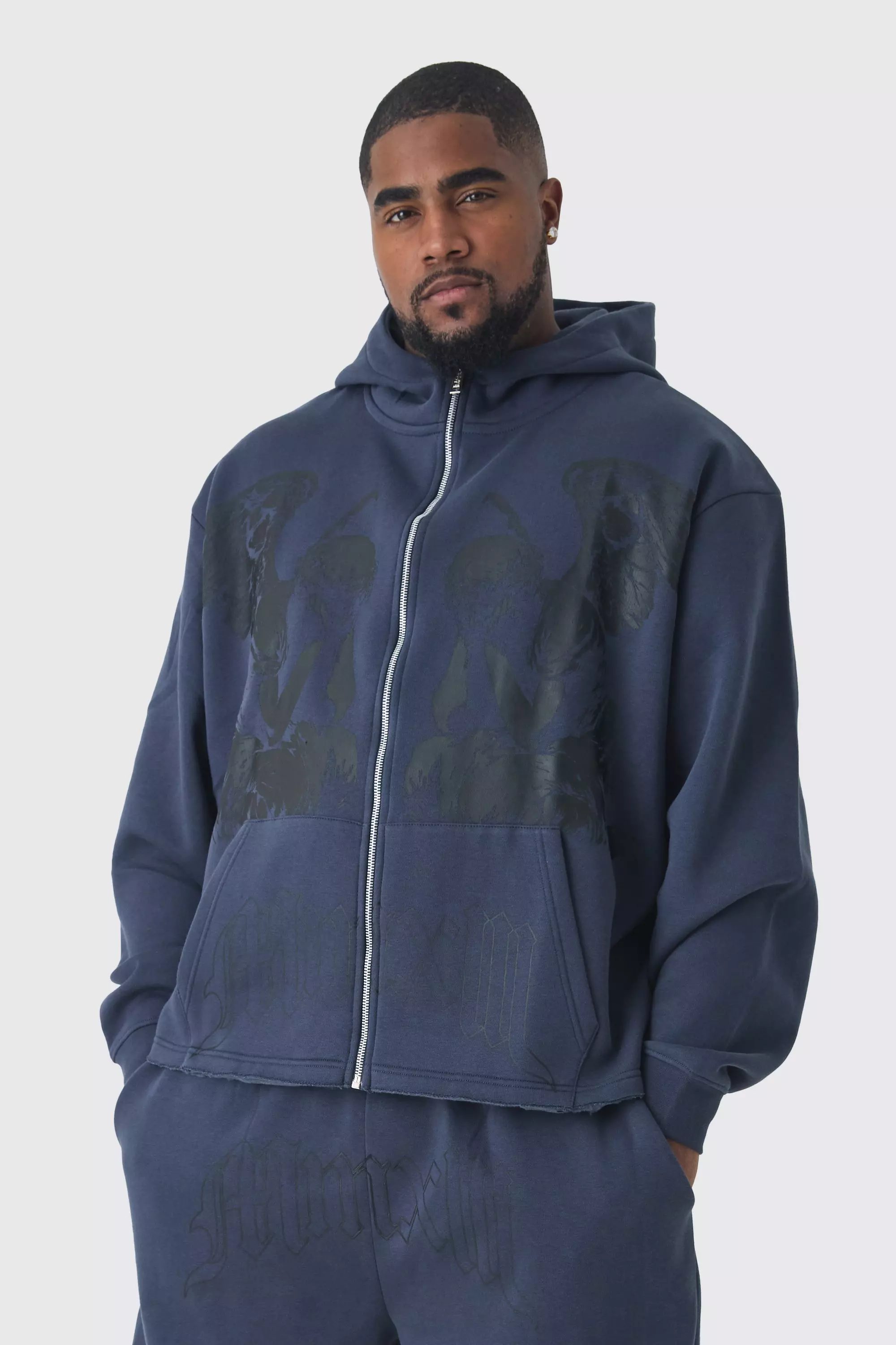 Blue Plus Oversized Boxy Zip Thru Cherub Print Hoodie alternative image