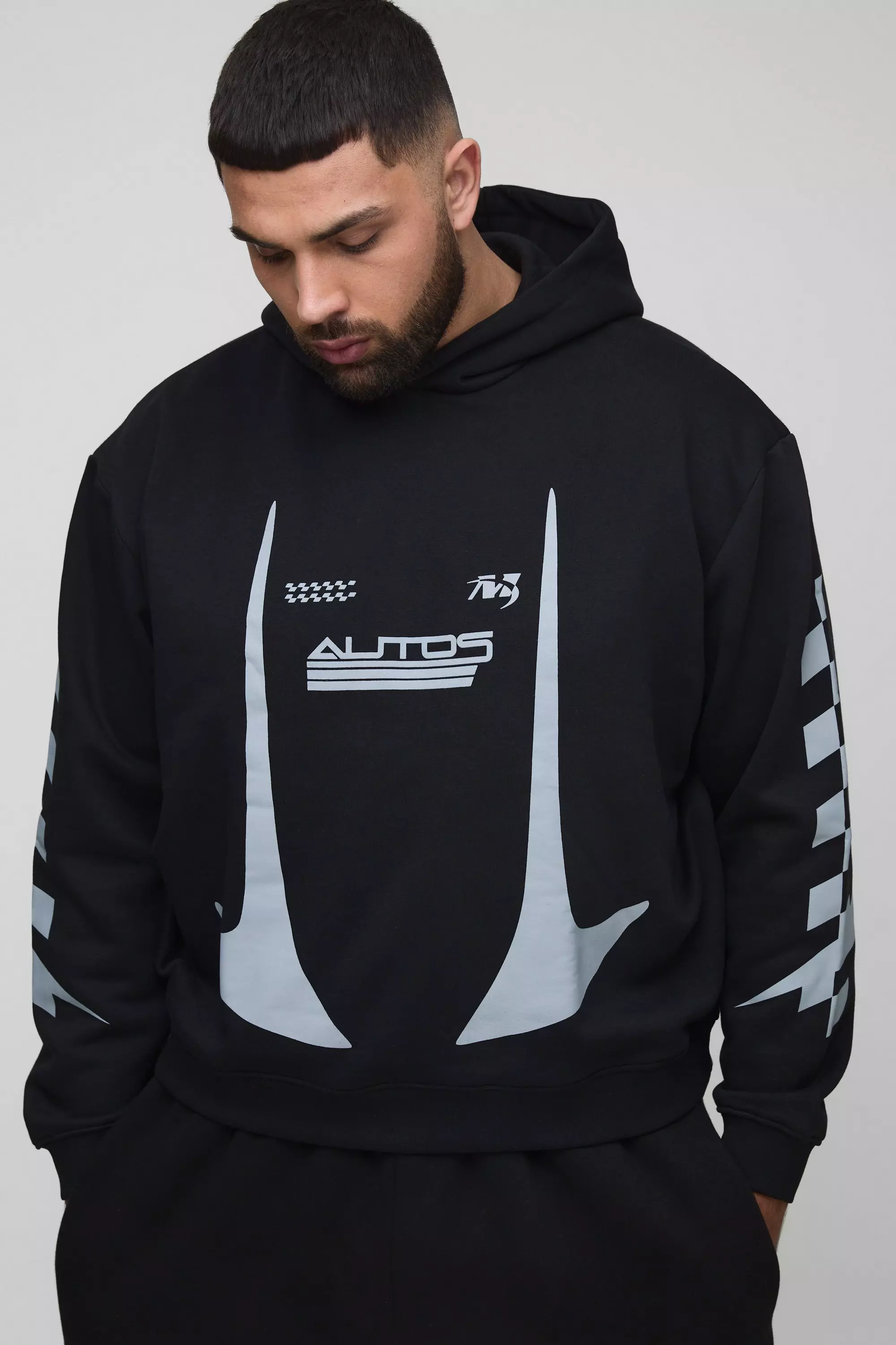 Plus Oversized Boxy Moto Print Hoodie Black