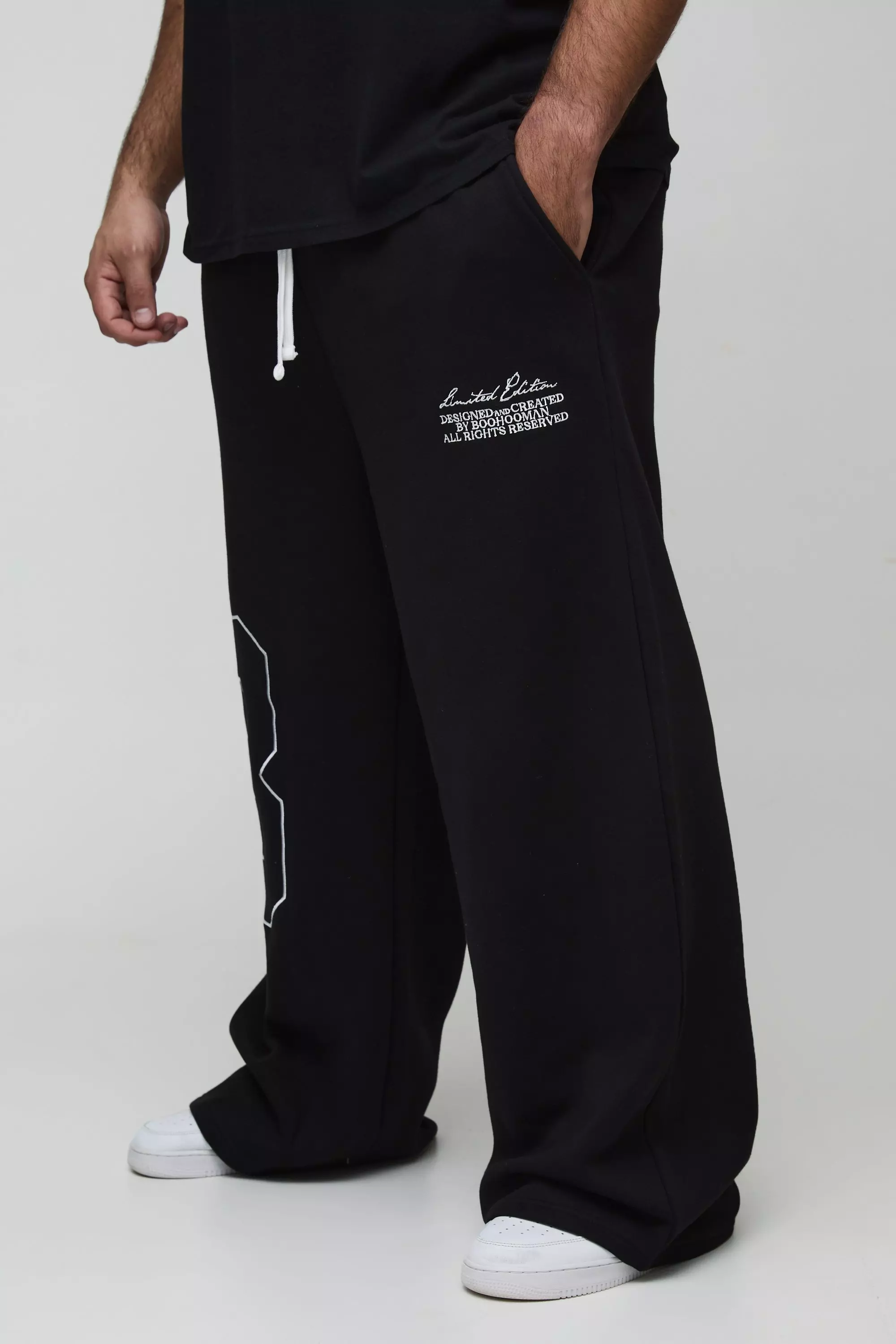 Plus Wide Leg Homme Embroidered Varsity Sweatpants Black