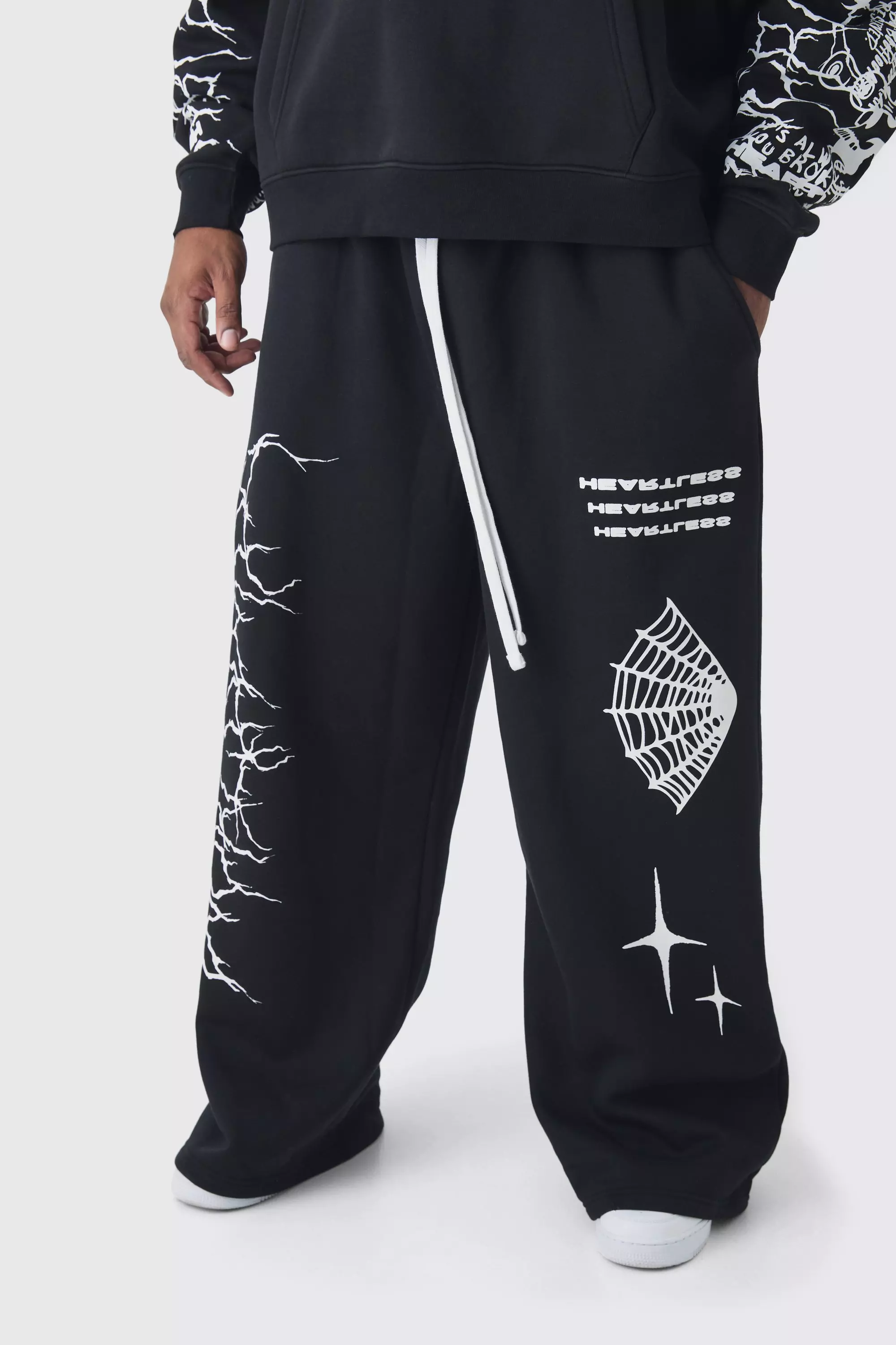 Plus Wide Leg Print Sweatpants Black