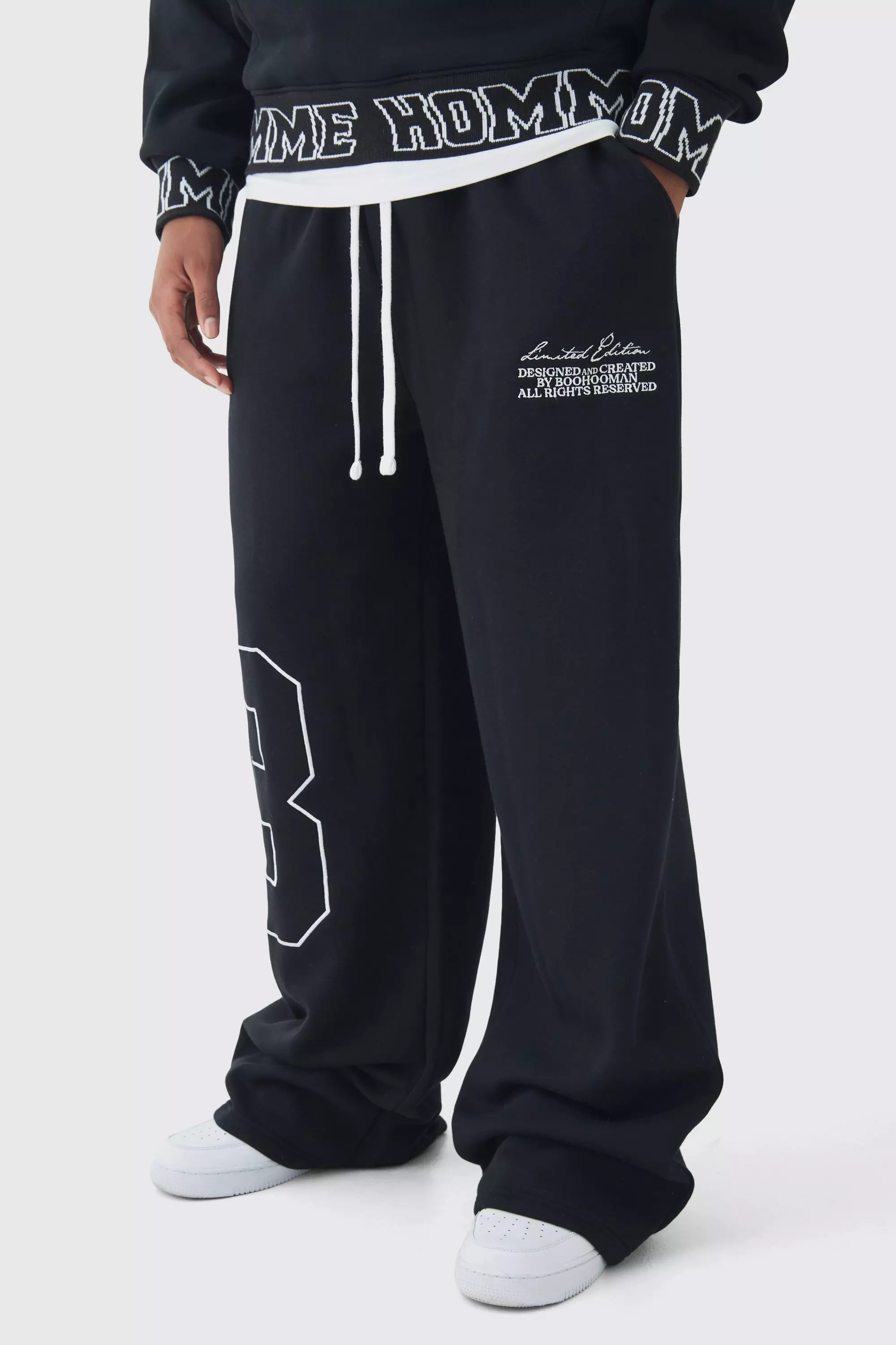 Tall Wide Leg Homme Embroidered Varsity Joggers Black