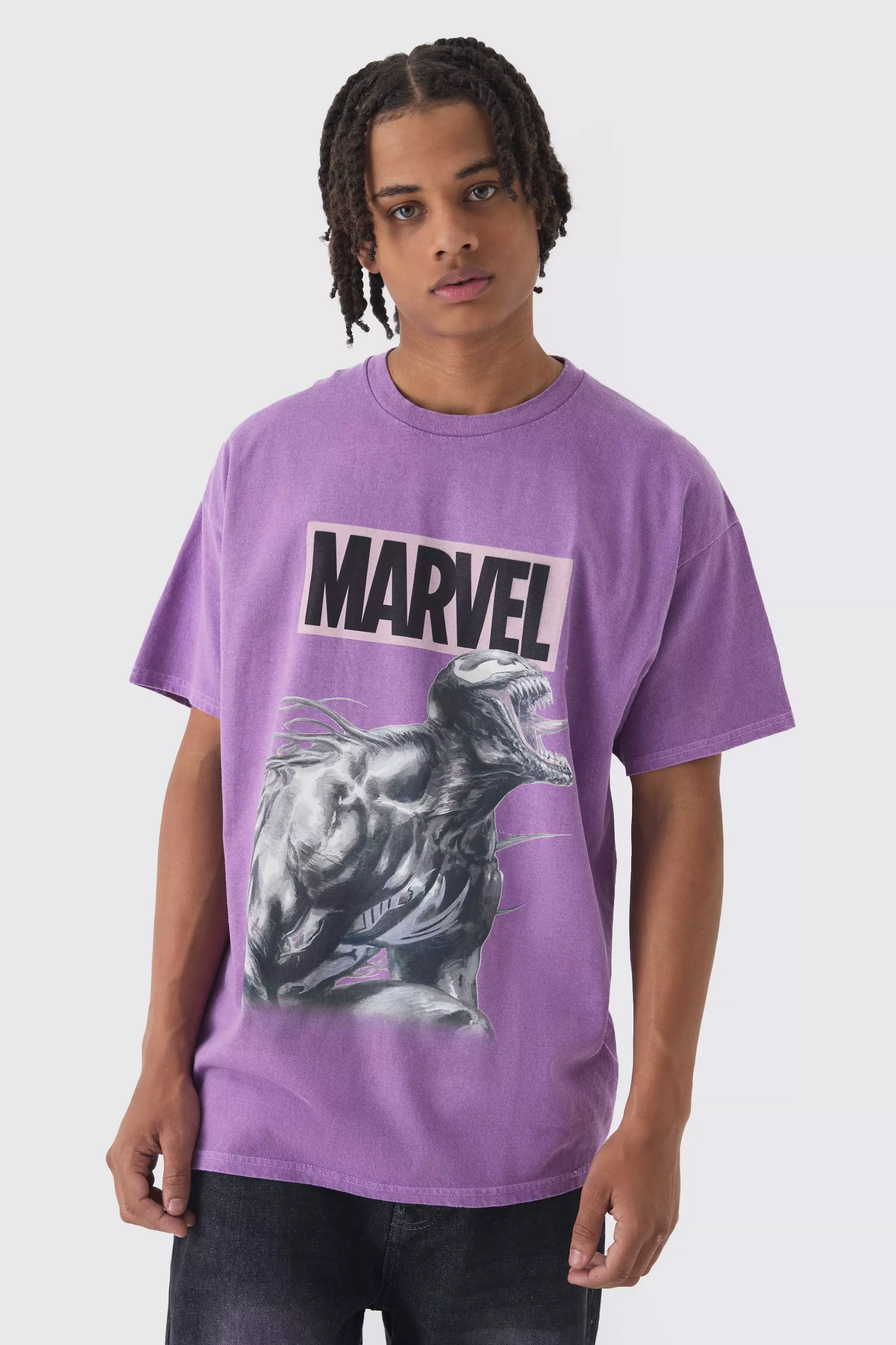 Oversized Marvel Venom Wash License Print T-Shirt Purple