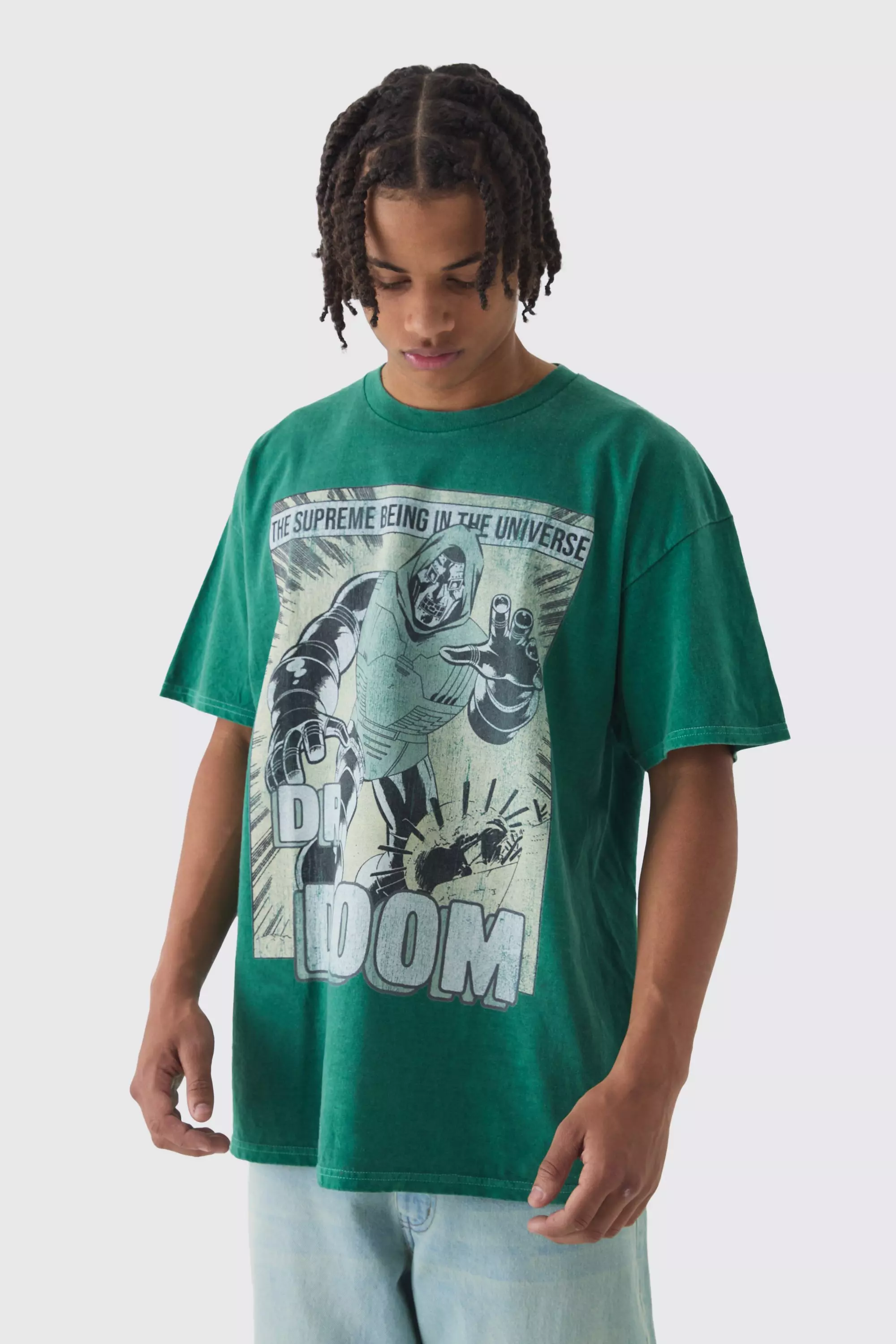 Green Oversized Marvel Dr Doom Comic Wash License Print T-Shirt