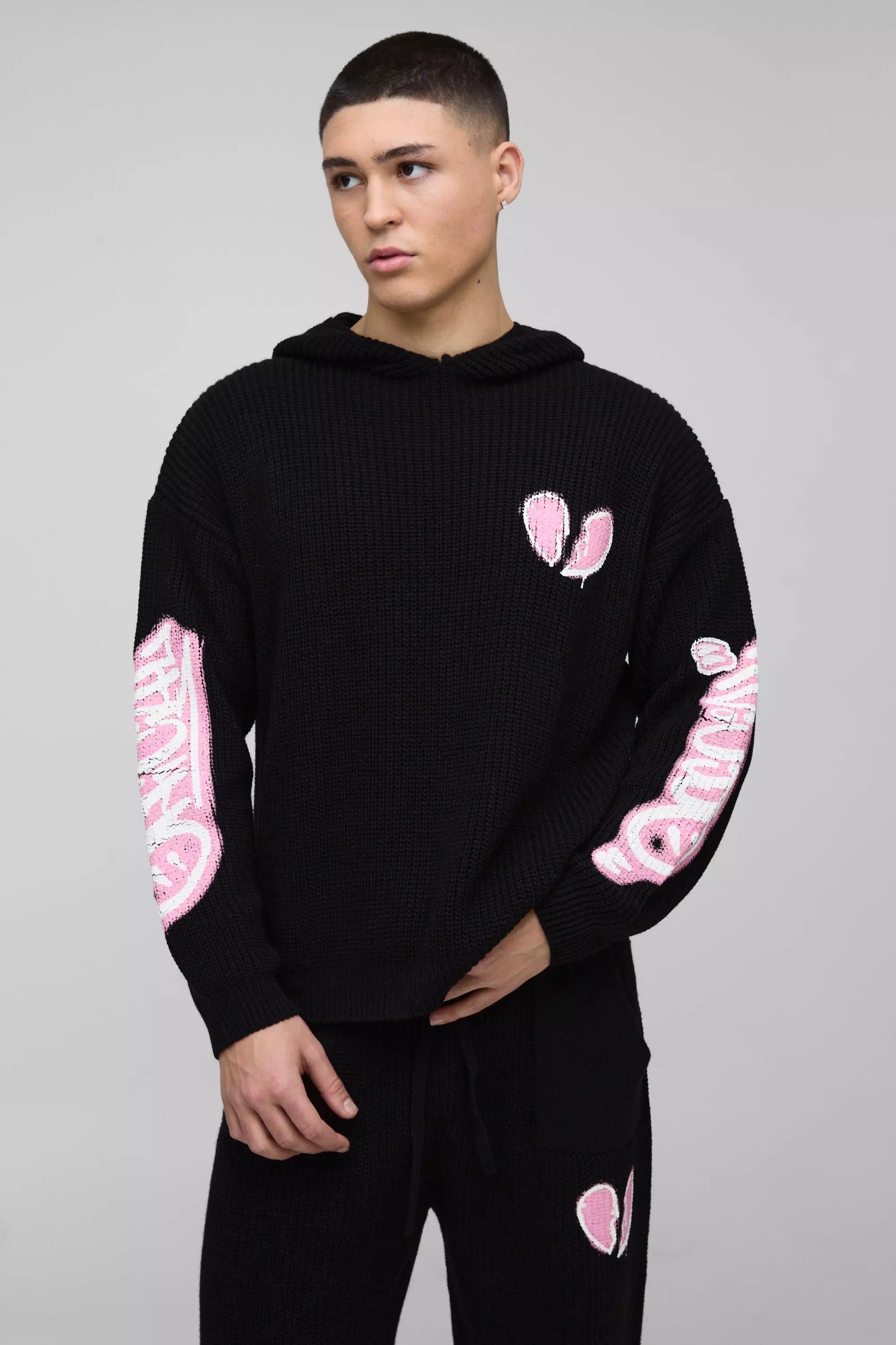 Black Oversized Boxy Printed Broken Heart Teddy Graphic Knitted Hoodie