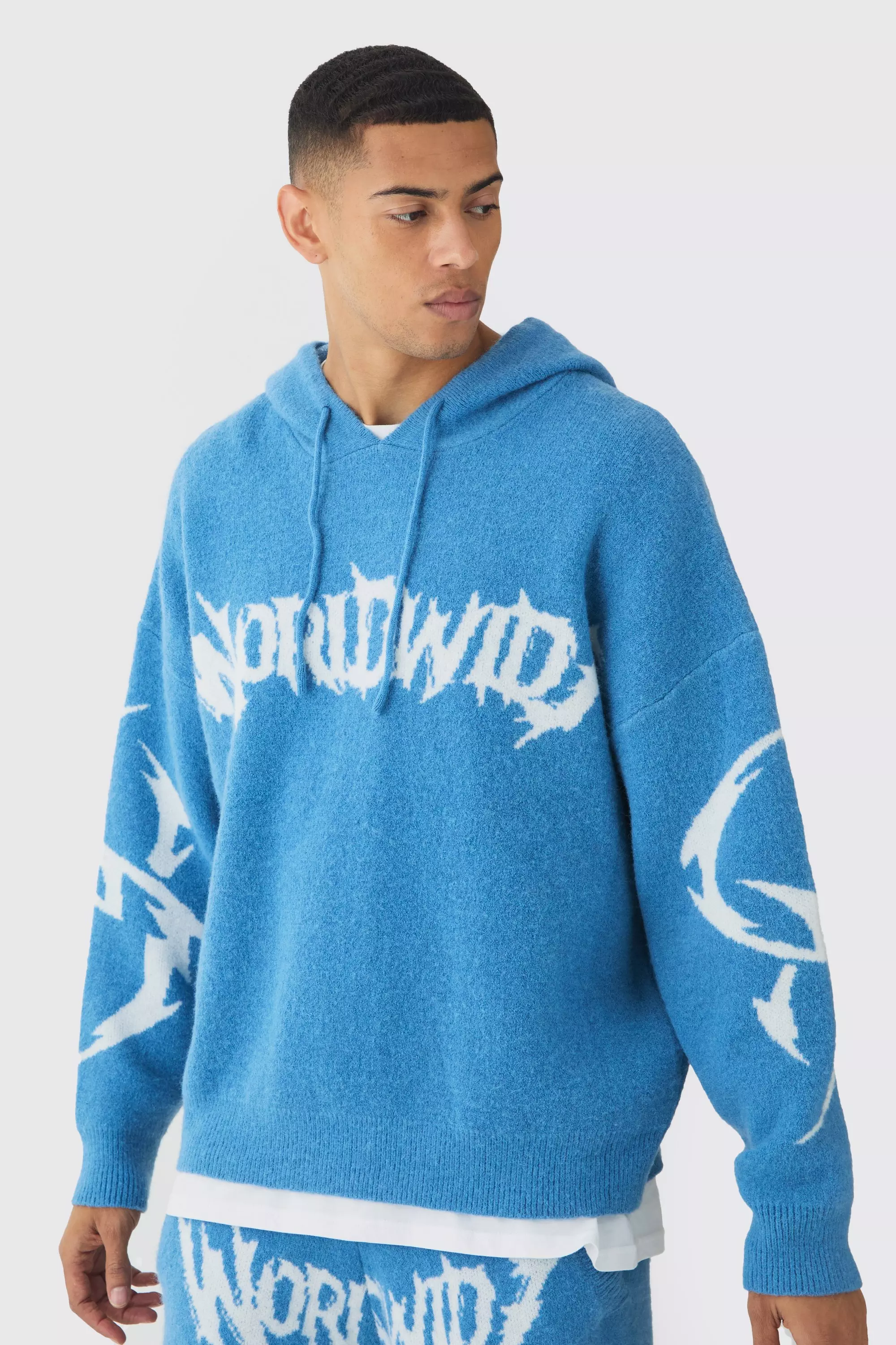 Oversized Worldwide Skeleton Knitted Hoodie Blue