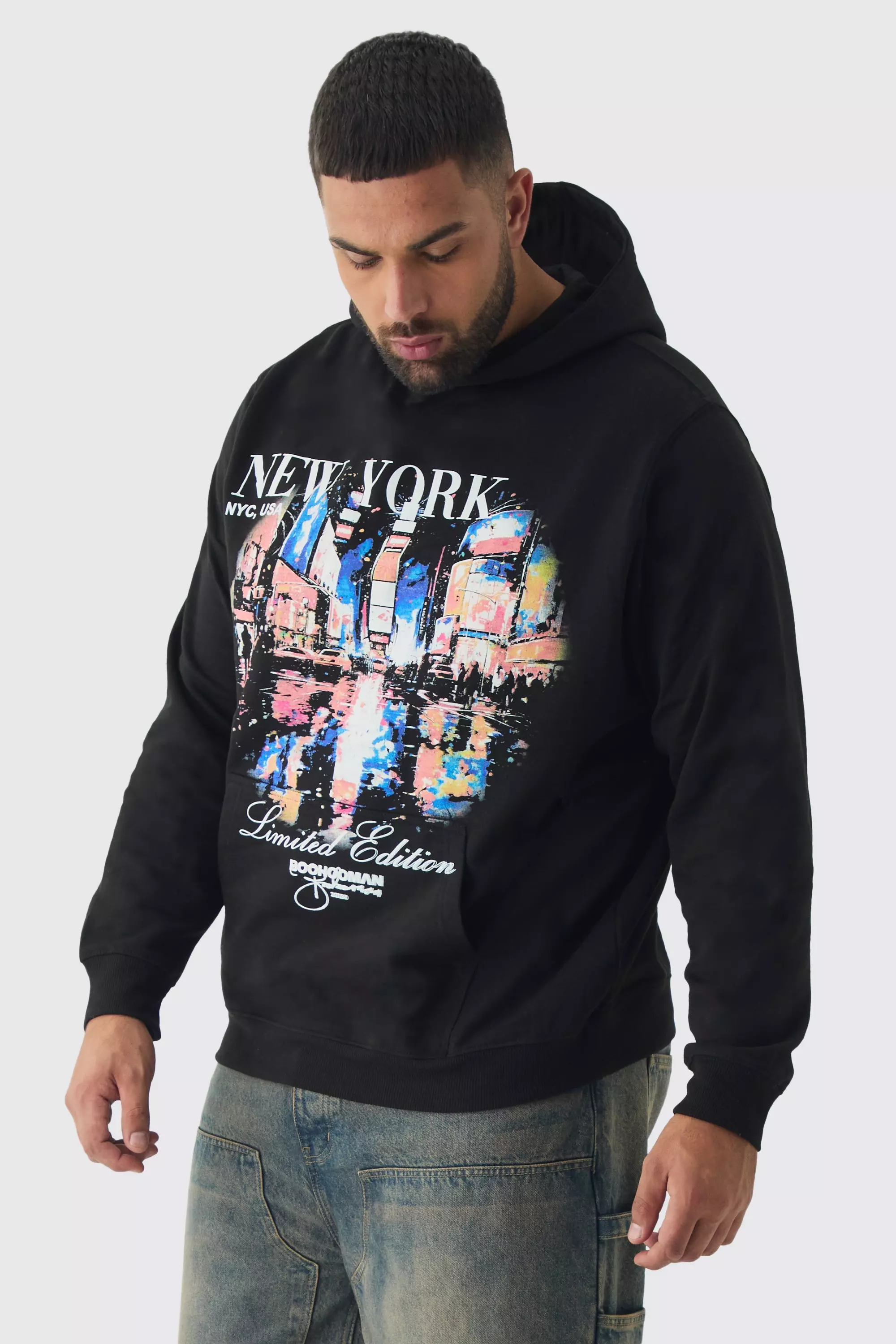 Plus New York Graphic Hoodie boohooMAN UK