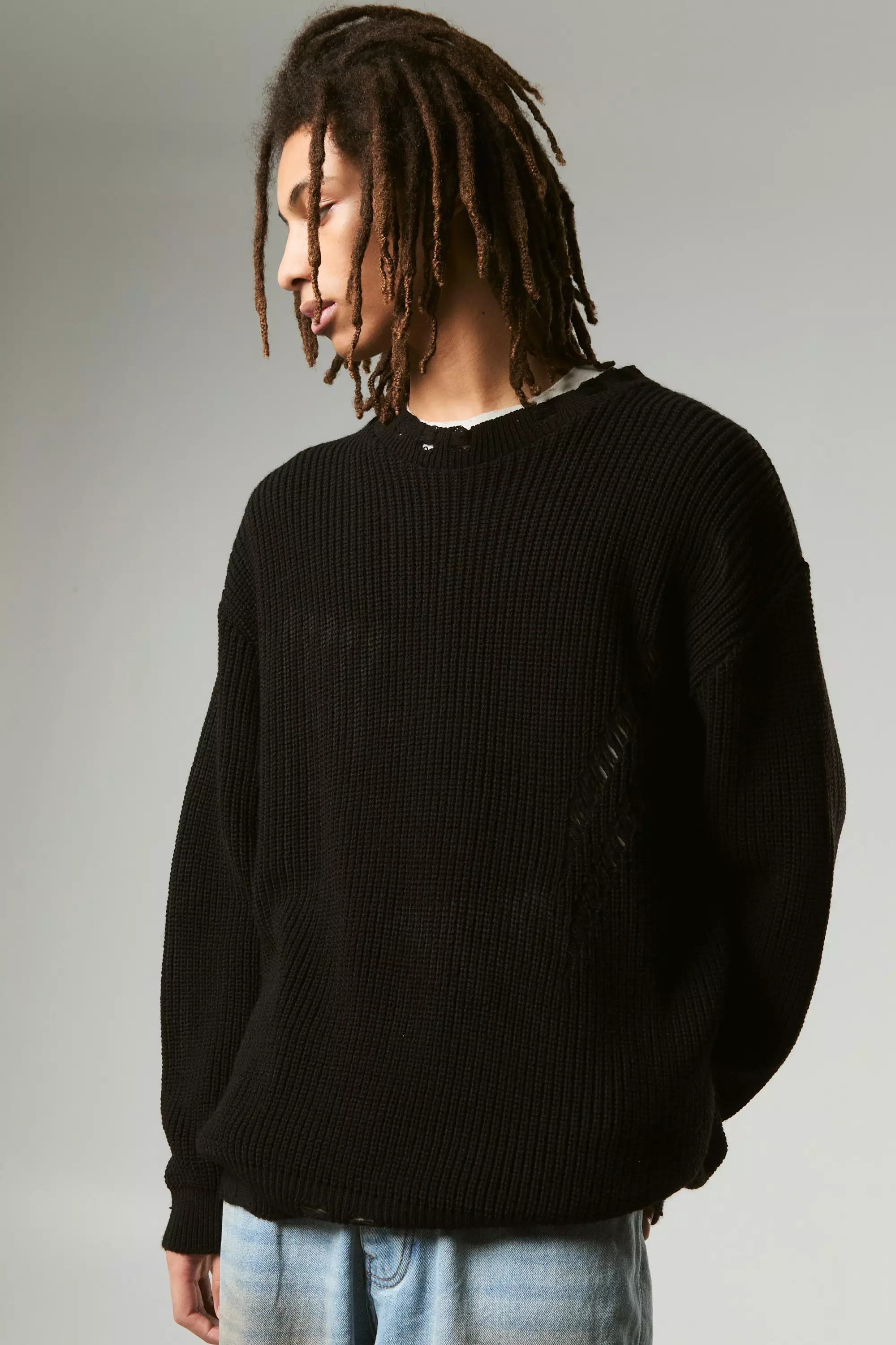 Oversized v neck distressed knitted Sweater Black