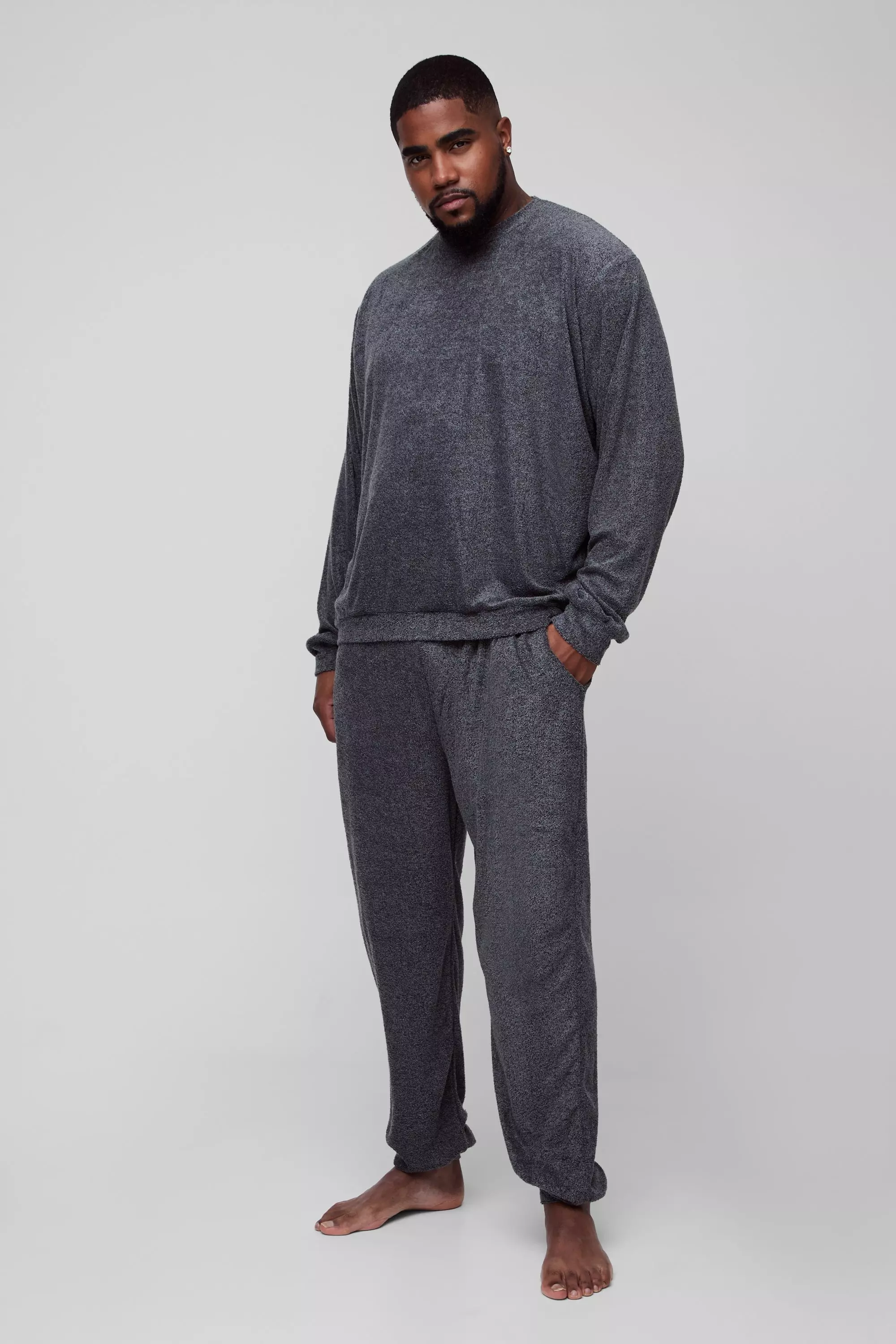 Plus Soft Towelling Sweater & Sweatpants Lounge Set in Charcoal Charcoal