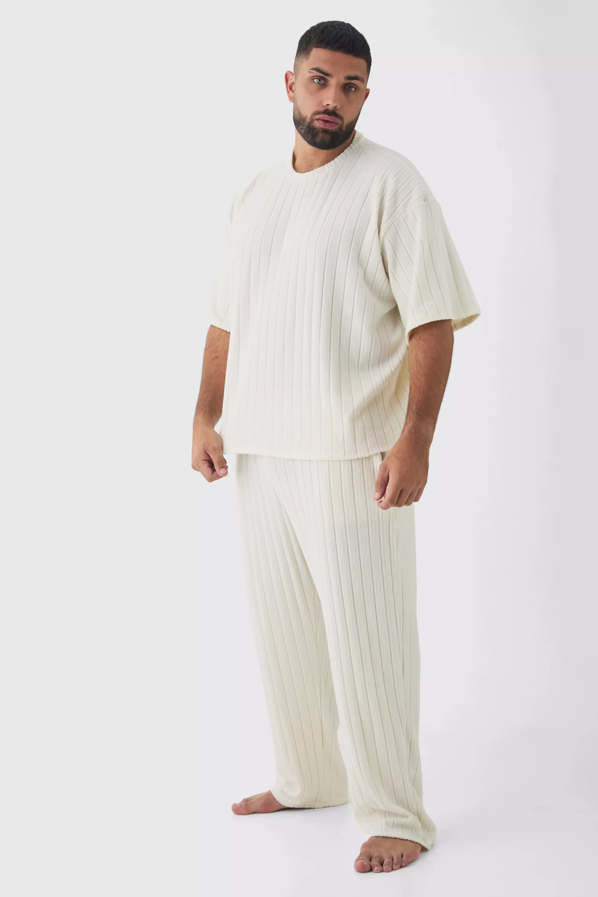 Plus Supersoft Rib Oversized T-Shirt & Sweatpants Lounge Set in Ecru Ecru