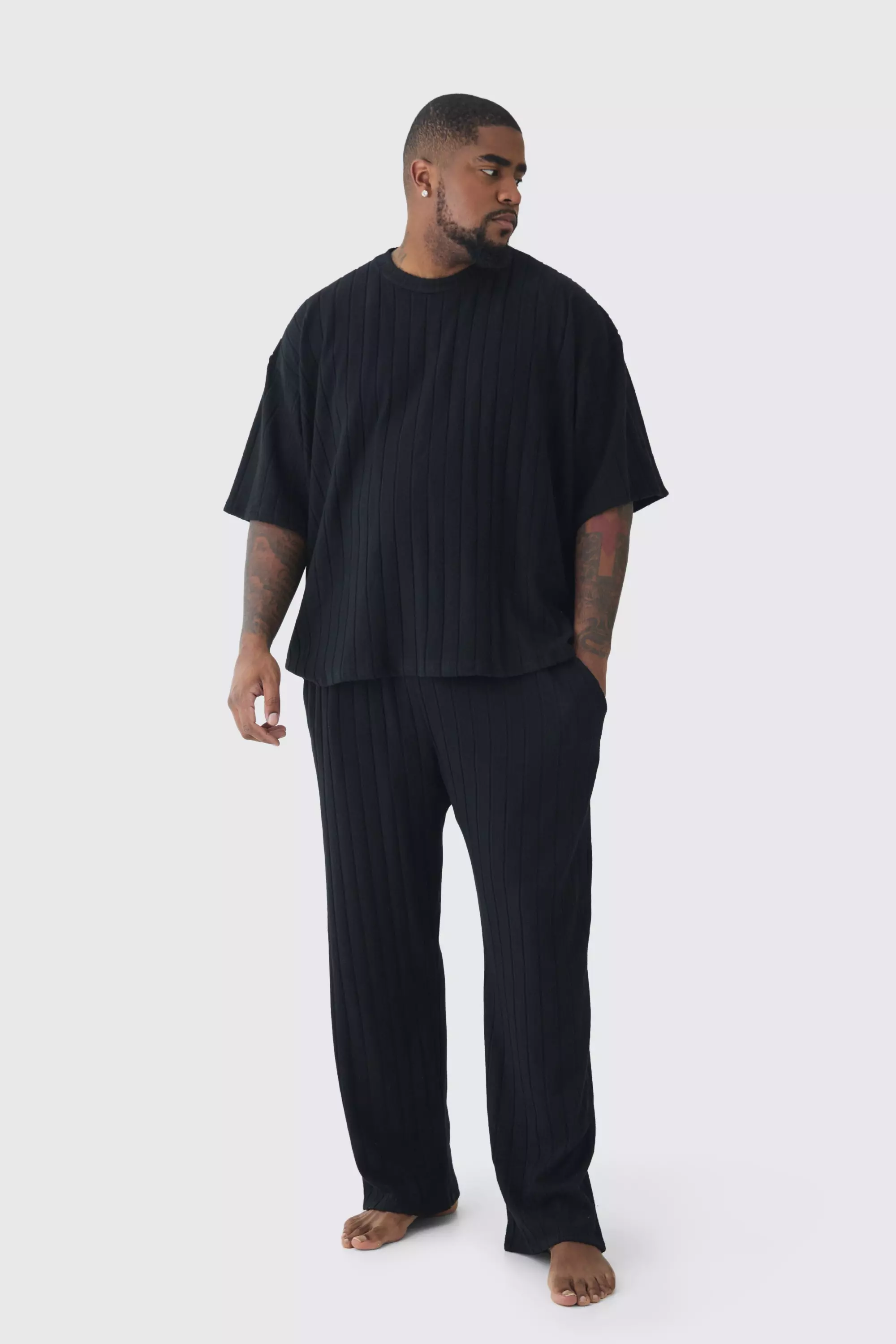 Plus Supersoft Rib Oversized T Shirt Jogger Lounge Set in Black boohooMAN UK