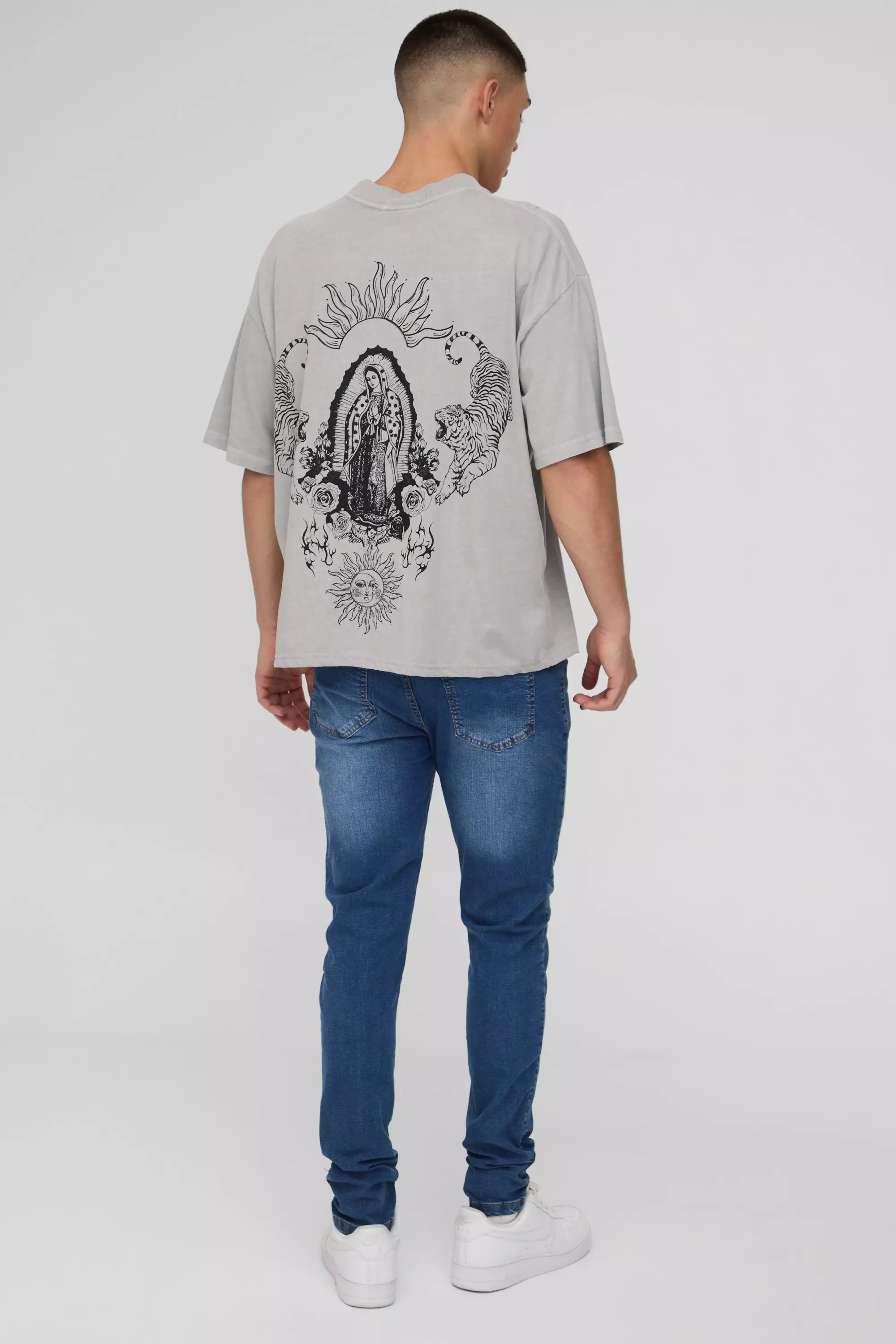 Skinny Washed Stretch Jean in Mid Blue Wash | boohooMAN USA