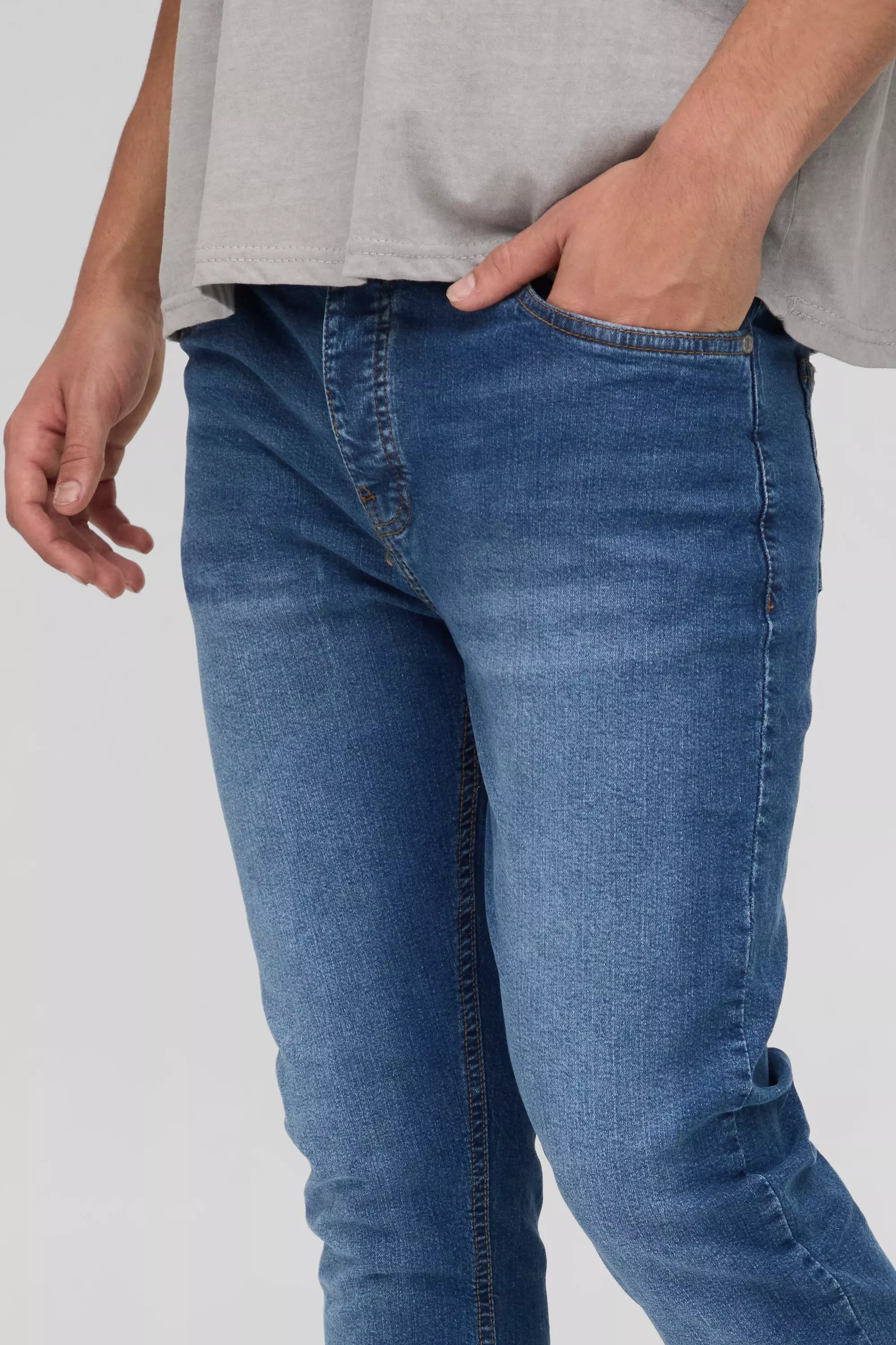 Skinny Washed Stretch Jean in Mid Blue Wash | boohooMAN USA