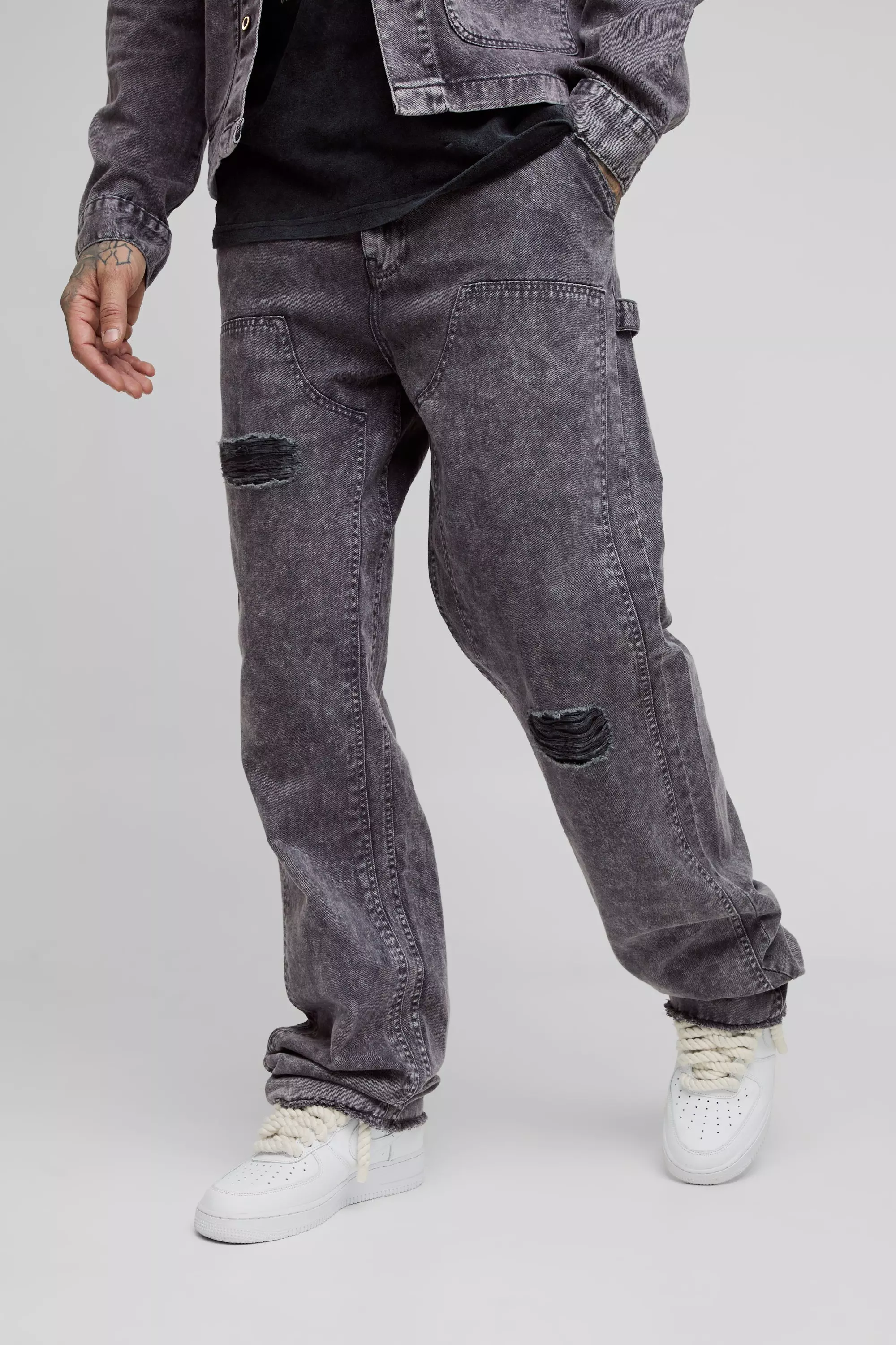 Tall Acid Wash Distressed Relaxed Fit Carpenter Pants Grey