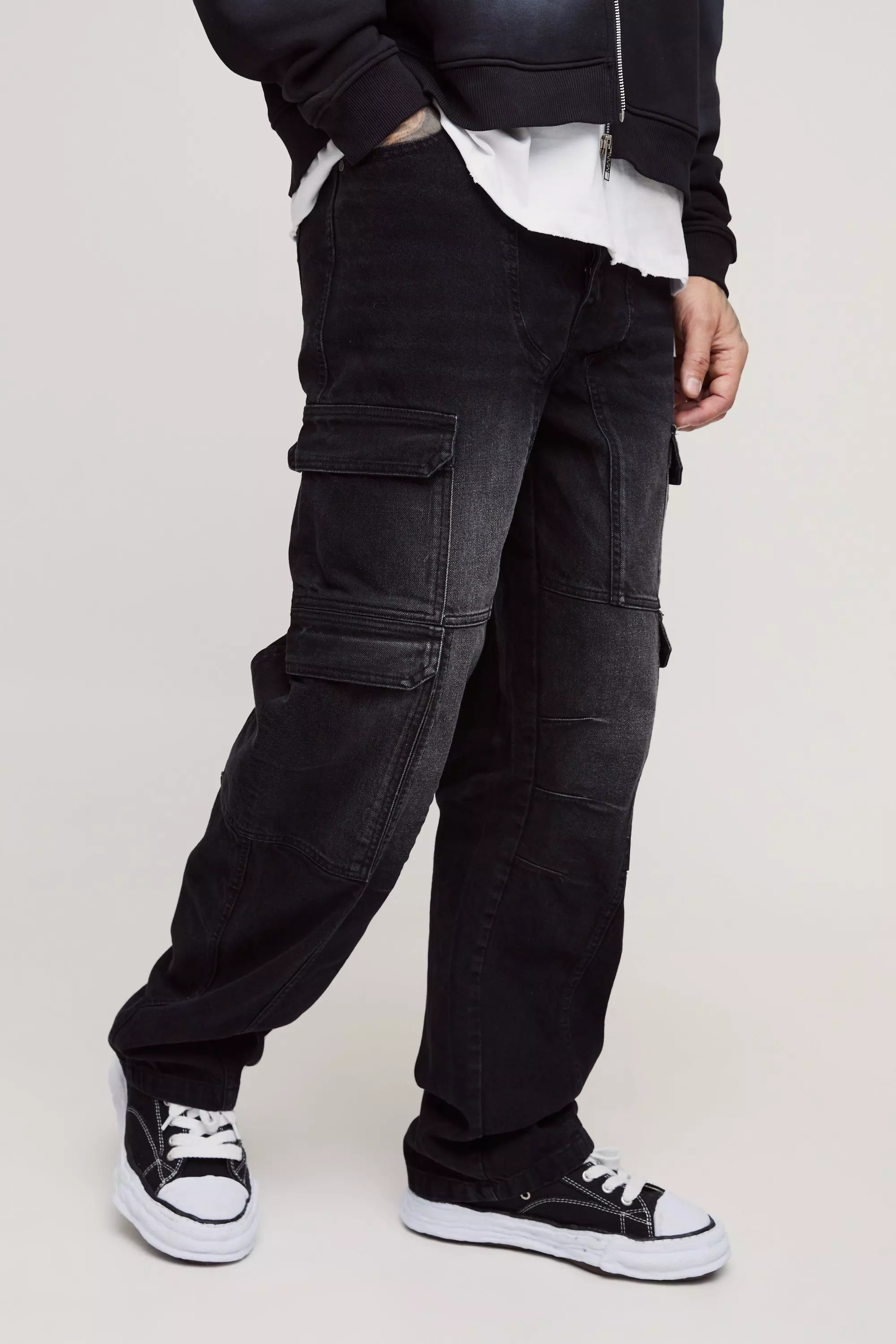 Tall Heavyweight Relaxed Fit Multi Cargo Pocket Trousers Black