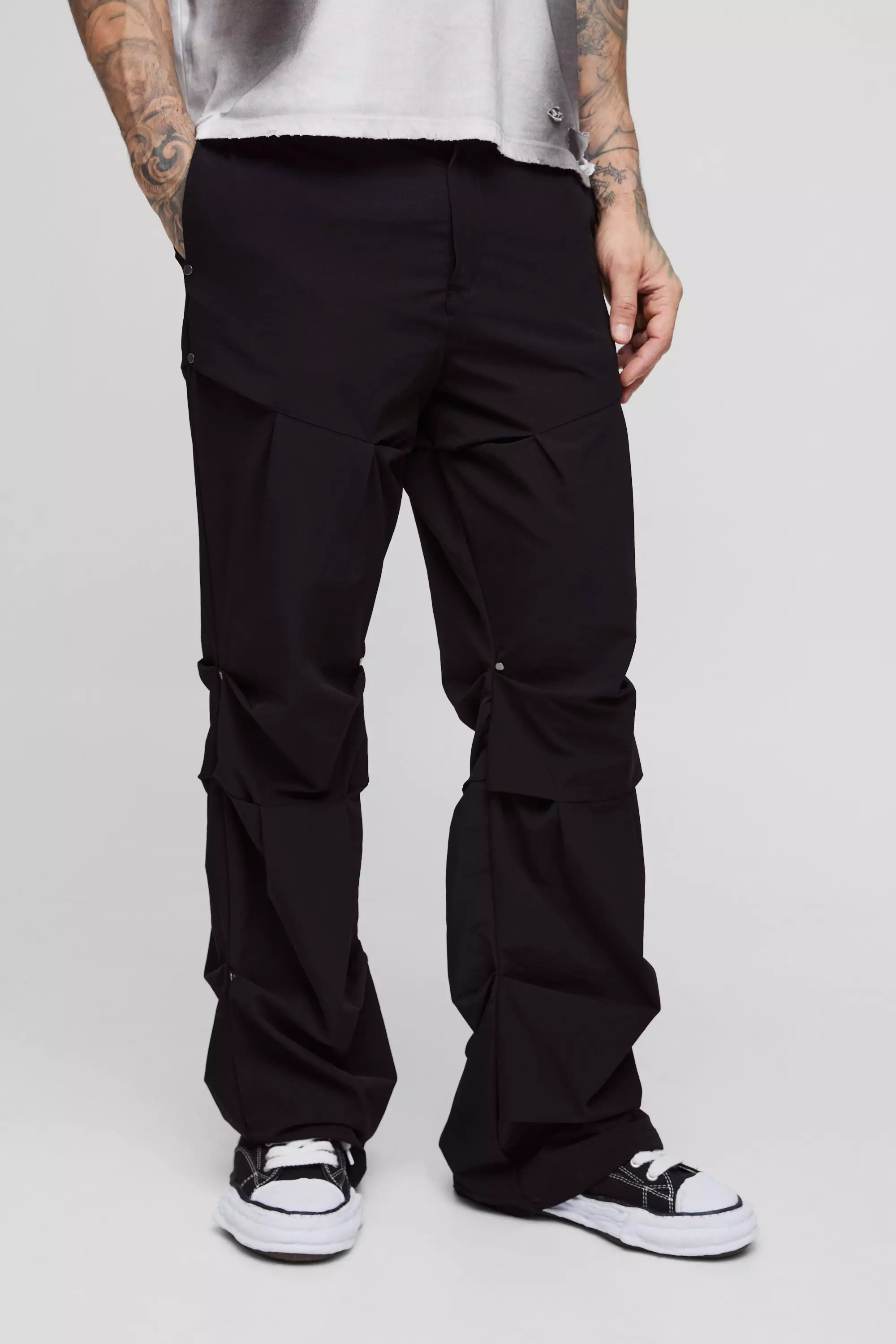 Tall Slim Fit Flare Stacked Pants With Ruched Detail boohooMAN USA