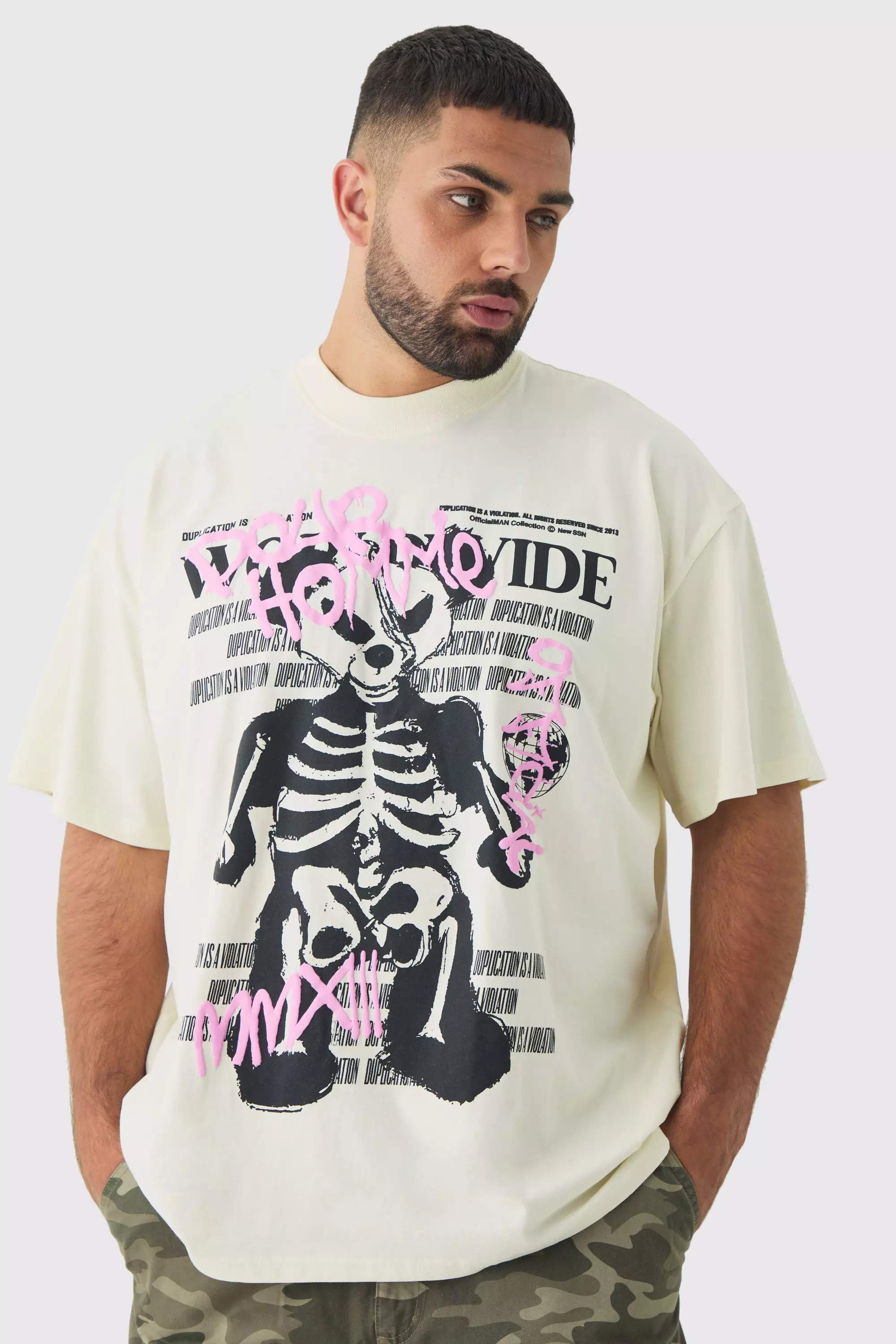 Plus Oversized Teddy Skeleton Graphic Puff Print T-Shirt Ecru