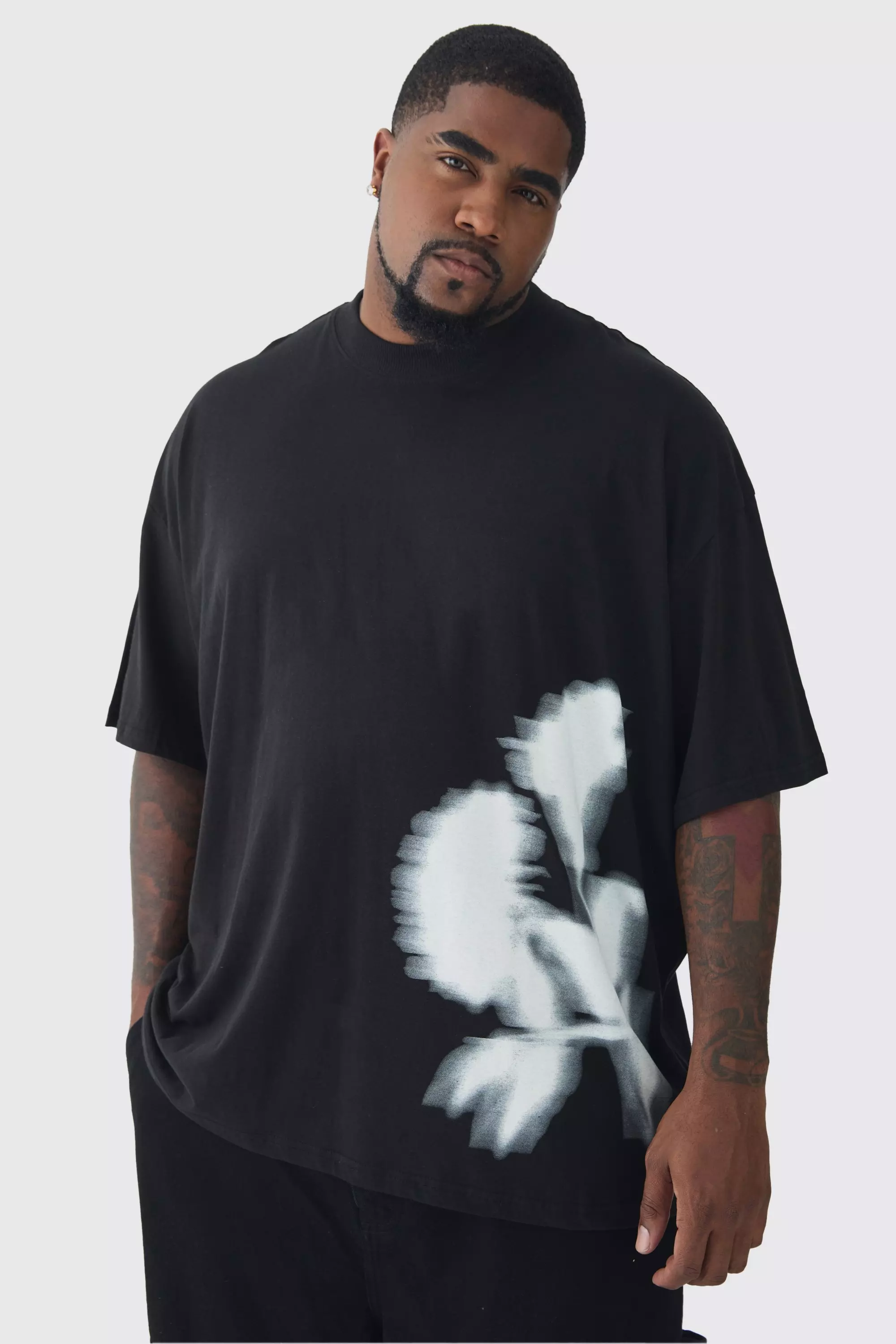 Black Plus Oversized Extended Neck Blurred Floral T-Shirt