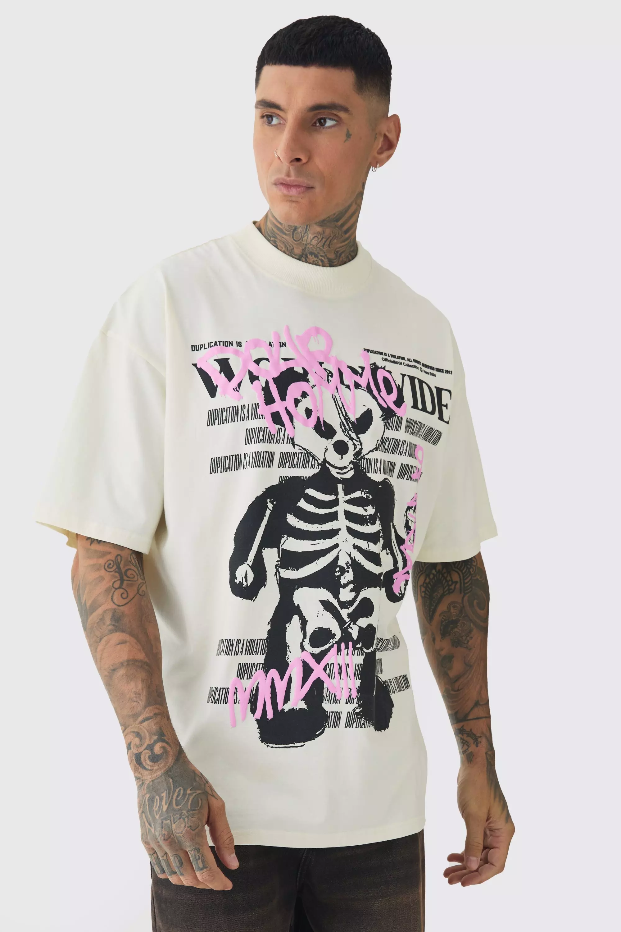 Tall Oversized Teddy Skeleton Graphic Puff Print T-Shirt Ecru