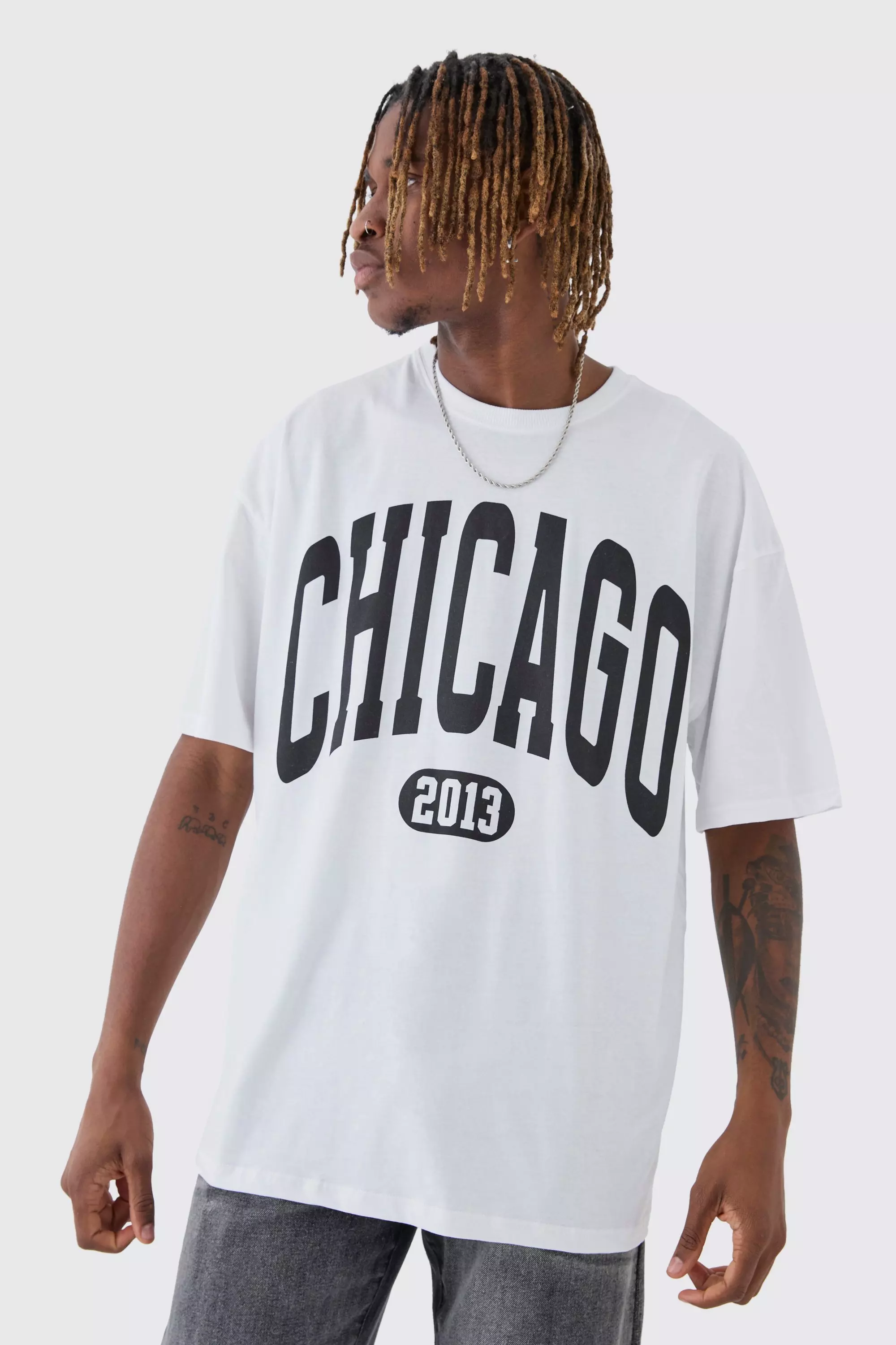 Tall Oversized Chicago Varsity Graphic T-Shirt White