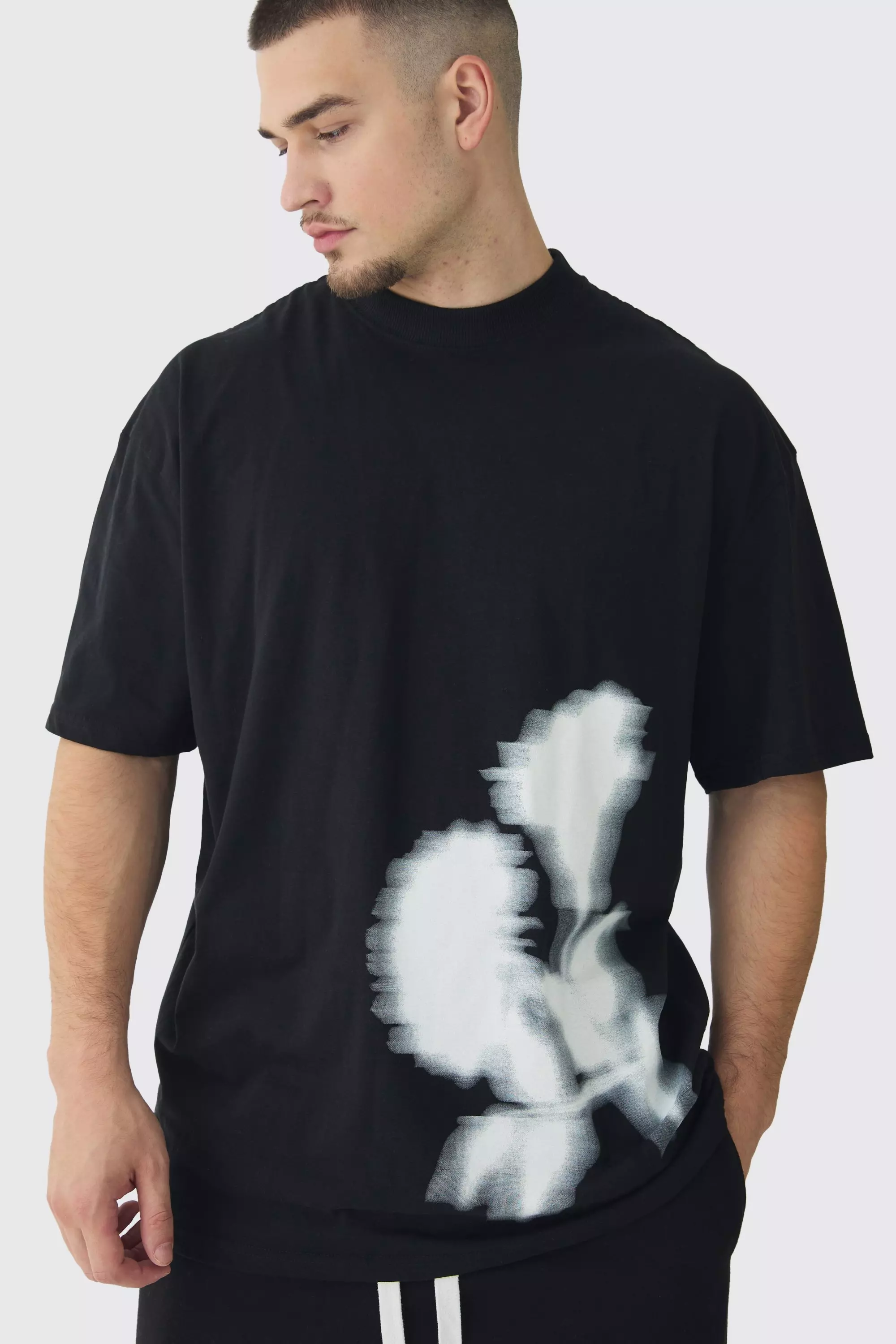 Black Tall Oversized Extended Neck Blurred Floral T-Shirt