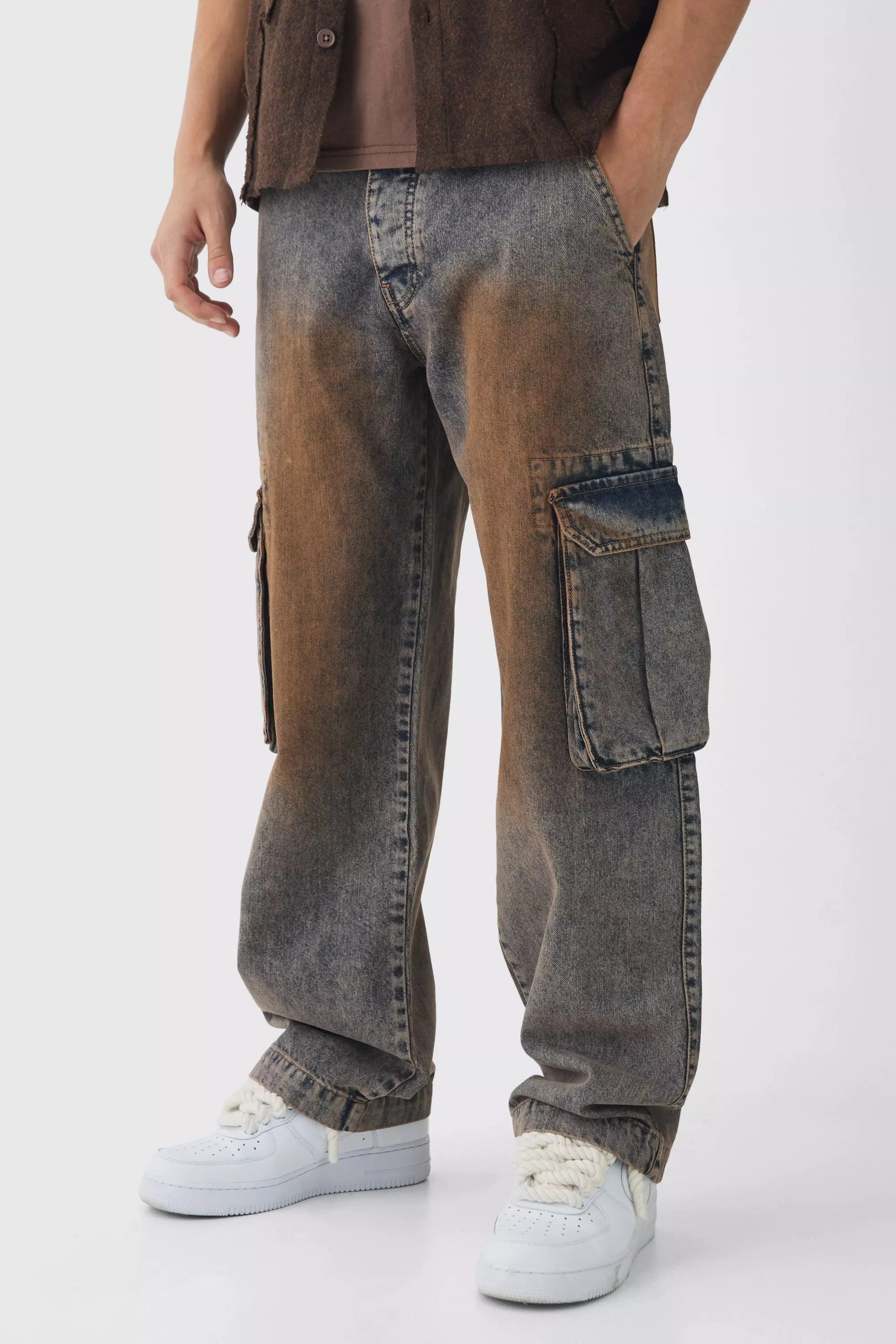Antique wash Relaxed Rigid Tinted Cargo Denim Jeans alternative image