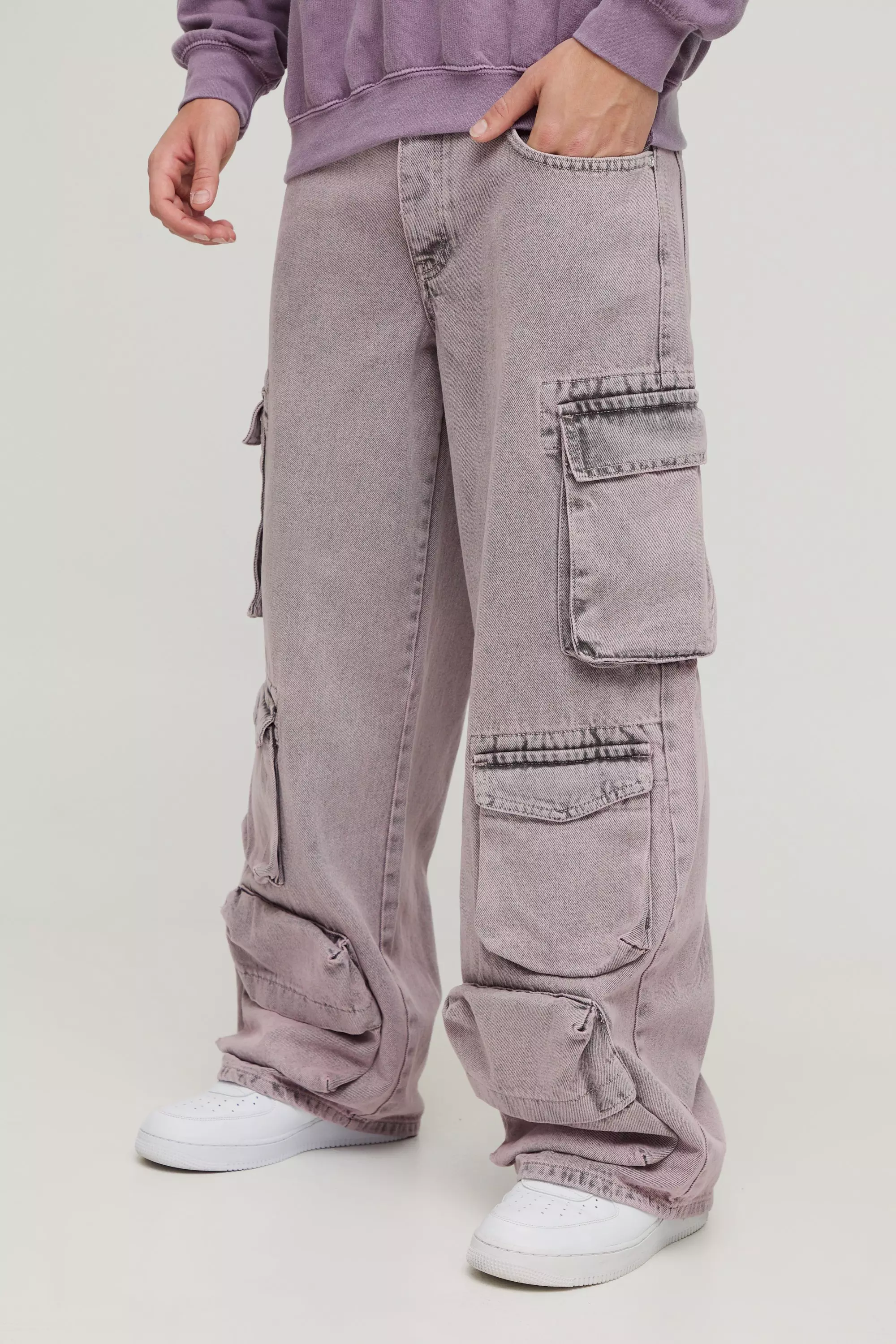 Pink Onbewerkte Roze Baggy Cargo Jeans Met Zakken alternatieve afbeelding