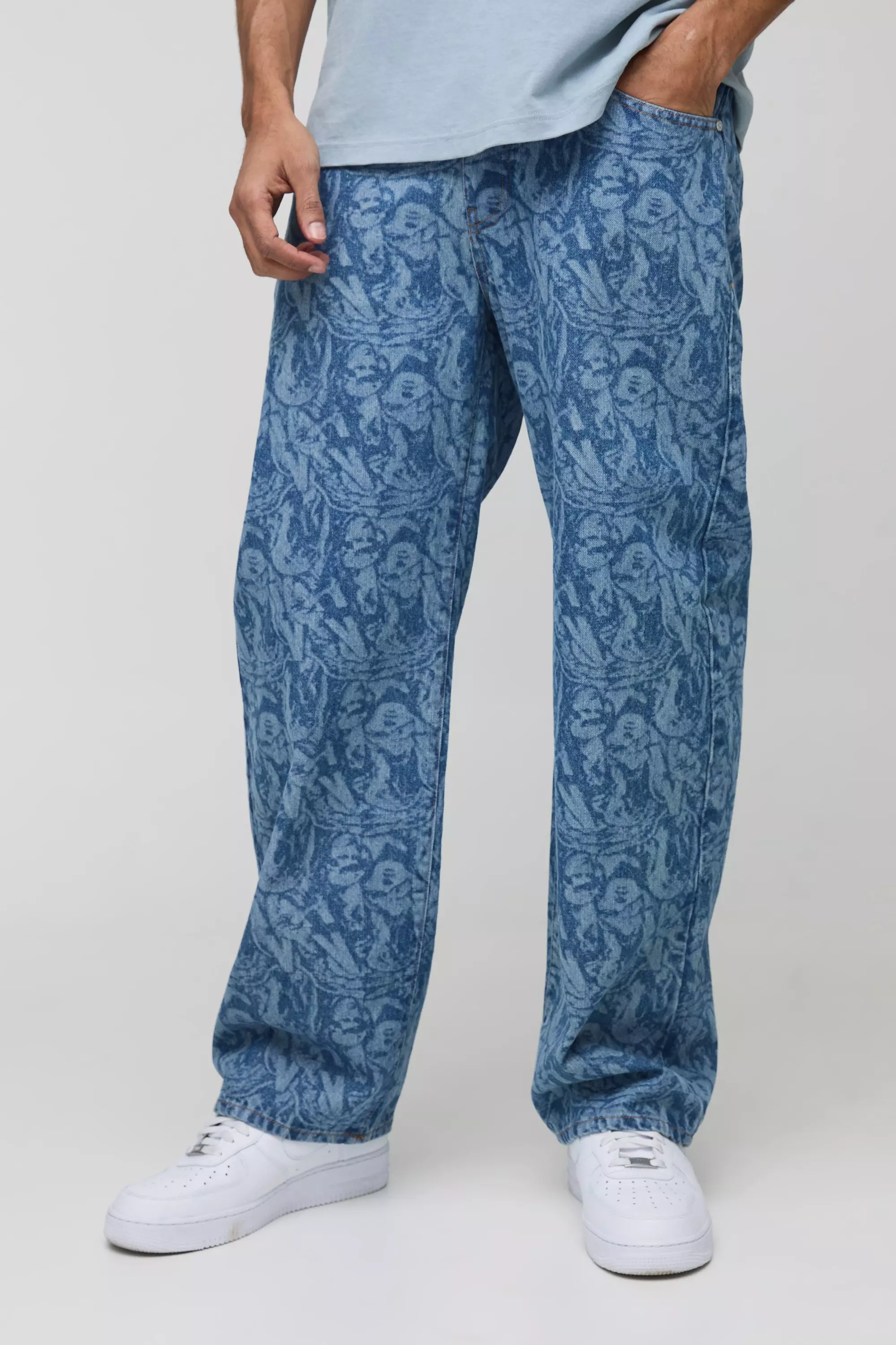 Mid blue Relaxed Rigid Laser Printed Denim Jeans alternative image