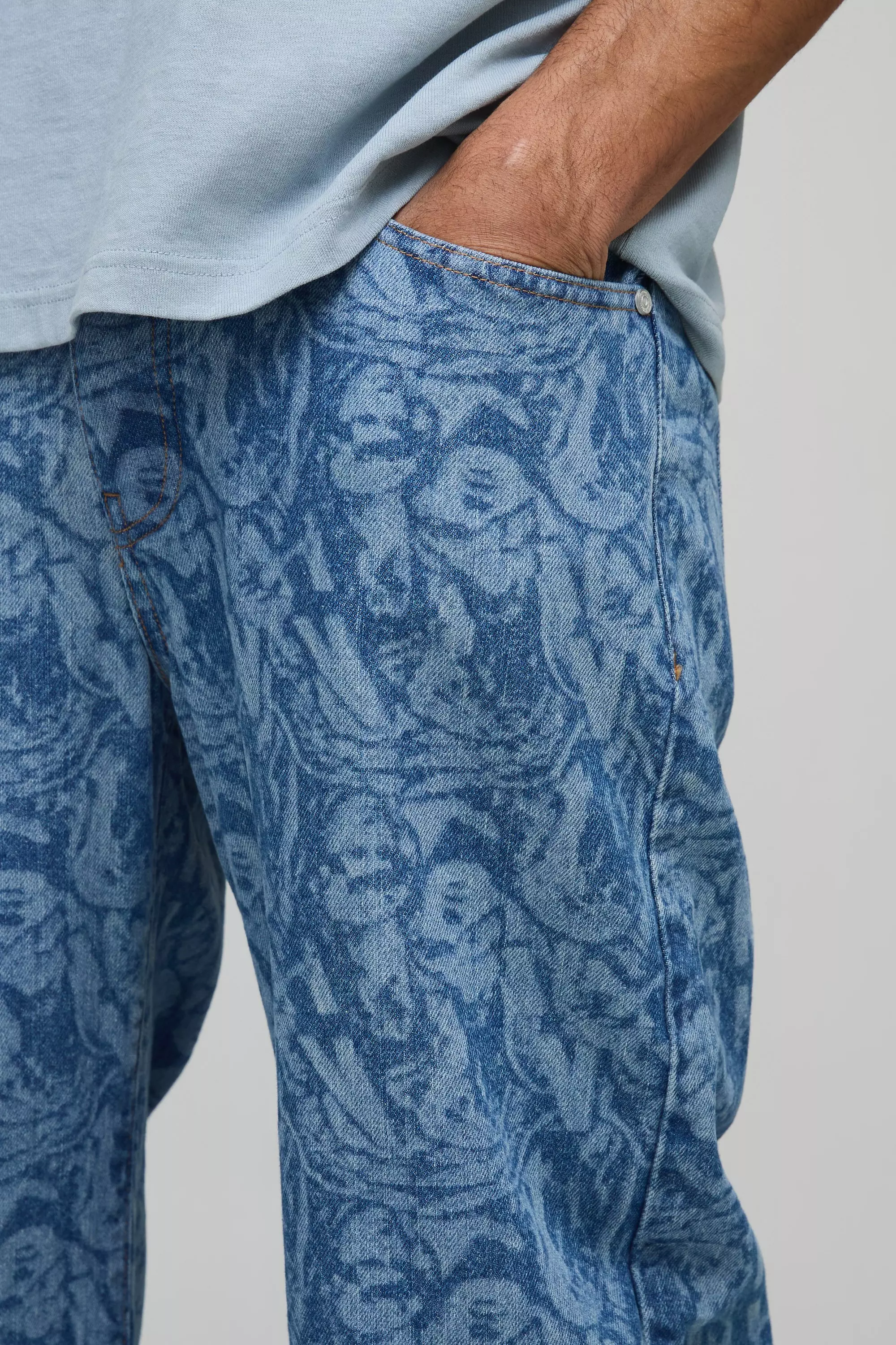 Mid blue Relaxed Rigid Laser Printed Denim Jeans alternative image