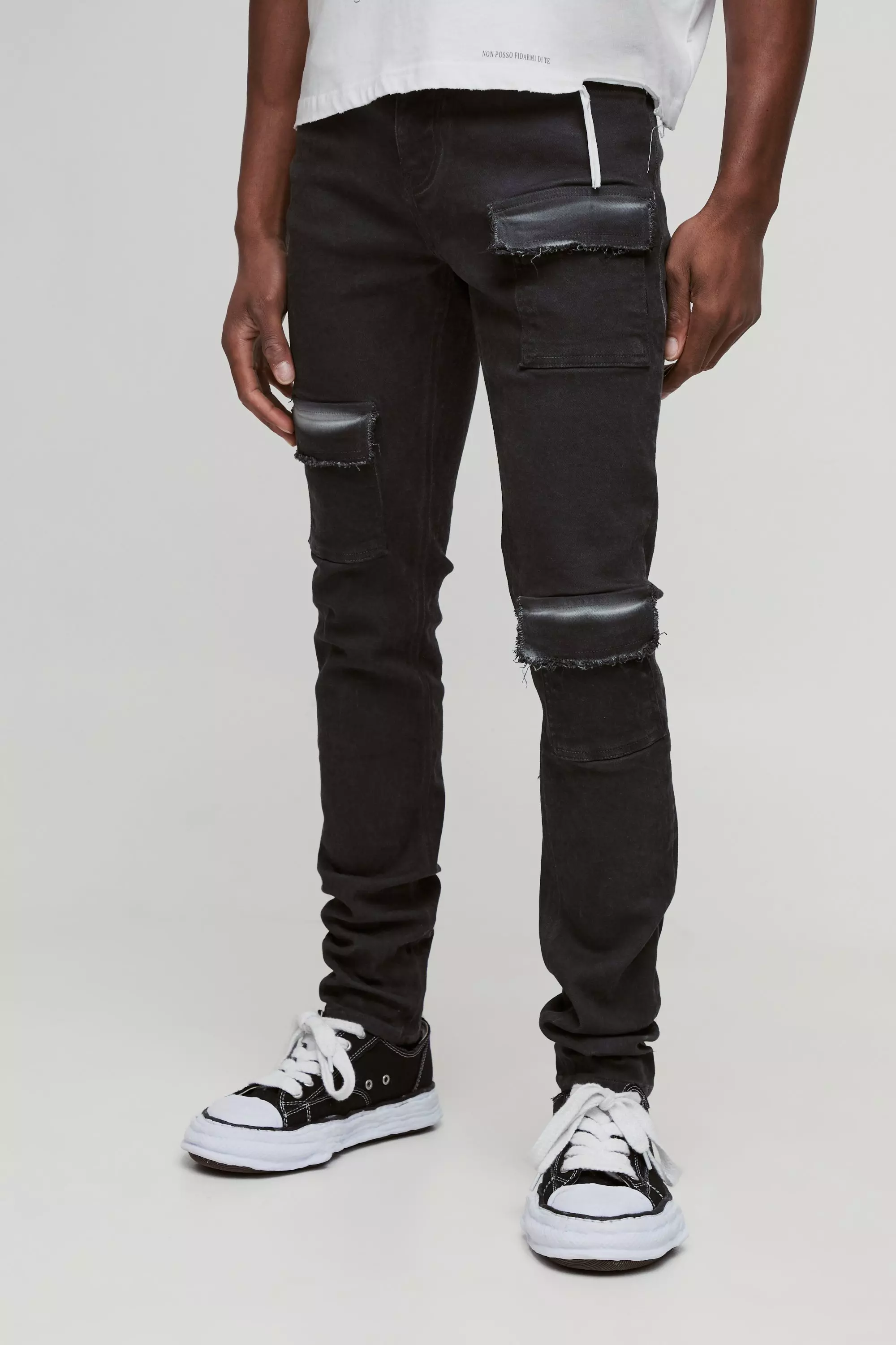 Black Skinny Stretch Stacked Oil Washed Multi Pocket Cargo Denim Jeans