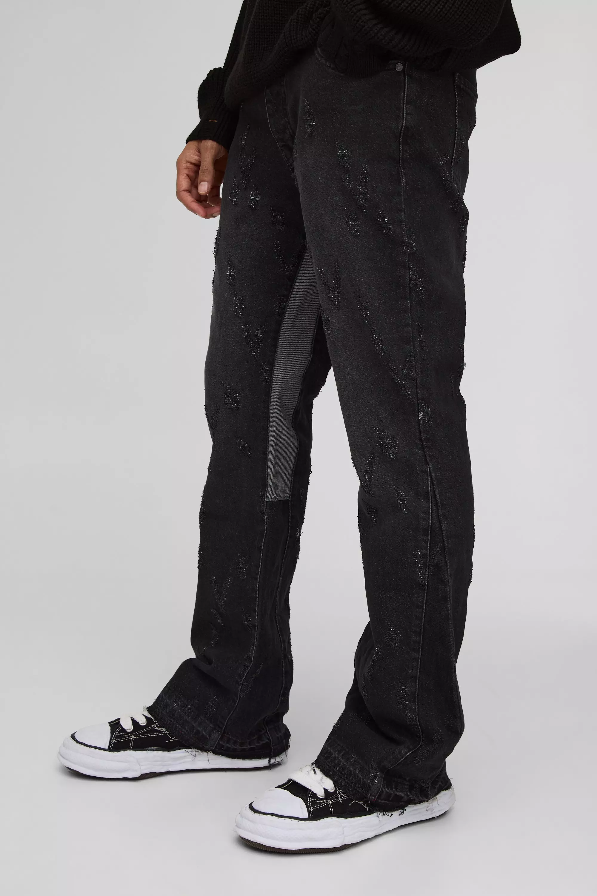 Black Slim Rigid Flared Distressed Gusset Denim Jeans