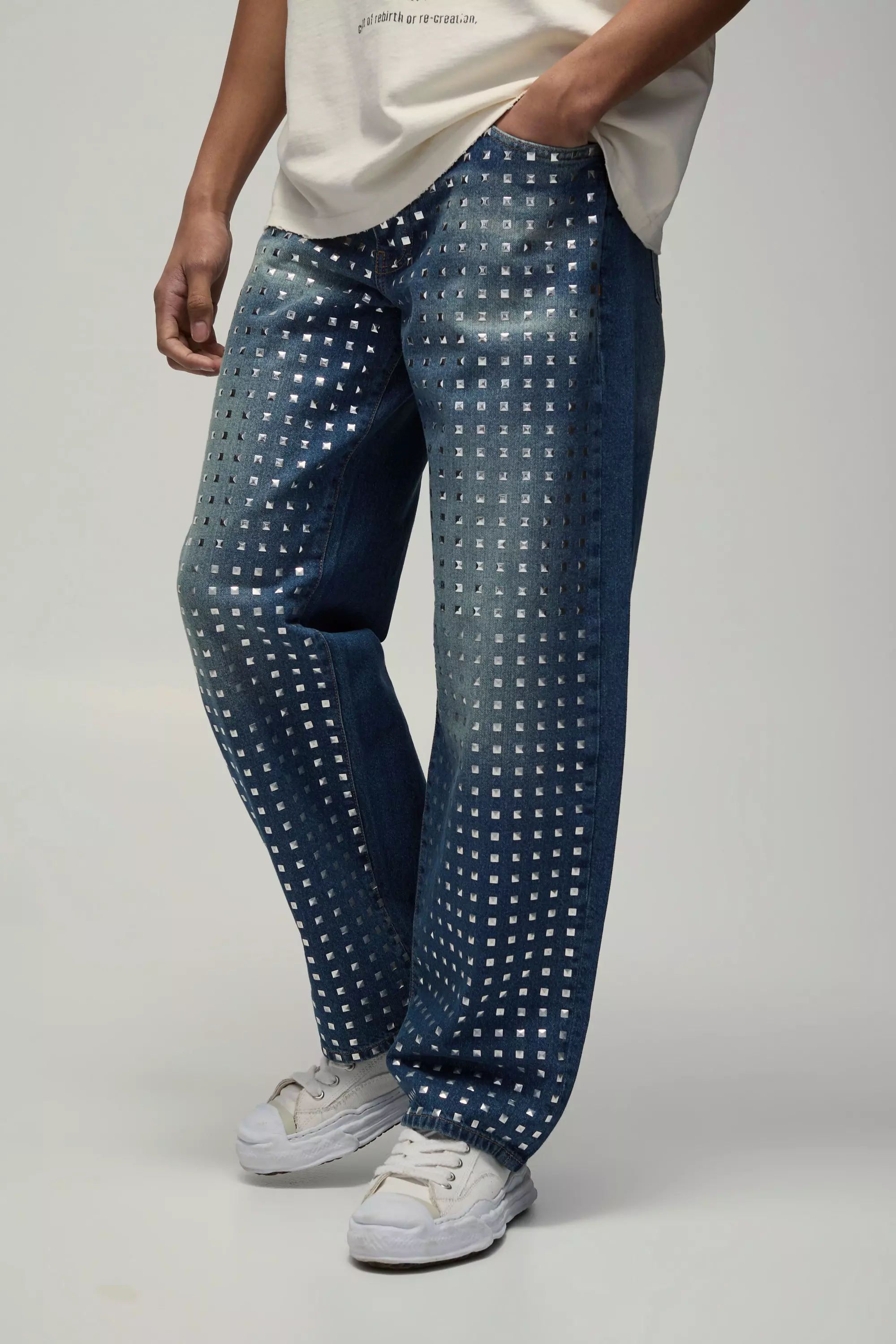 Mid blue Relaxed Rigid Studded Denim Jeans alternative image