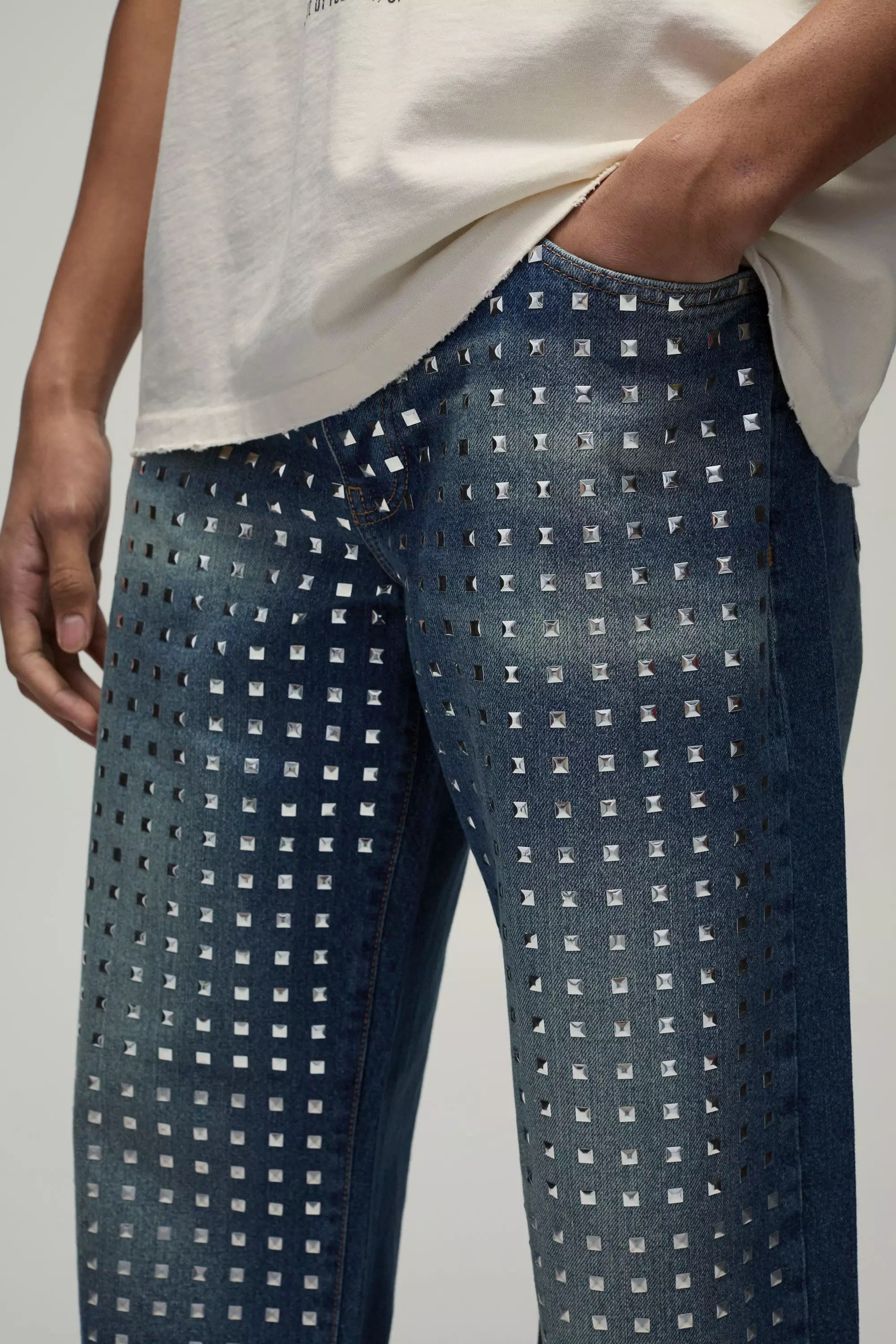 Mid blue Relaxed Rigid Studded Denim Jeans alternative image