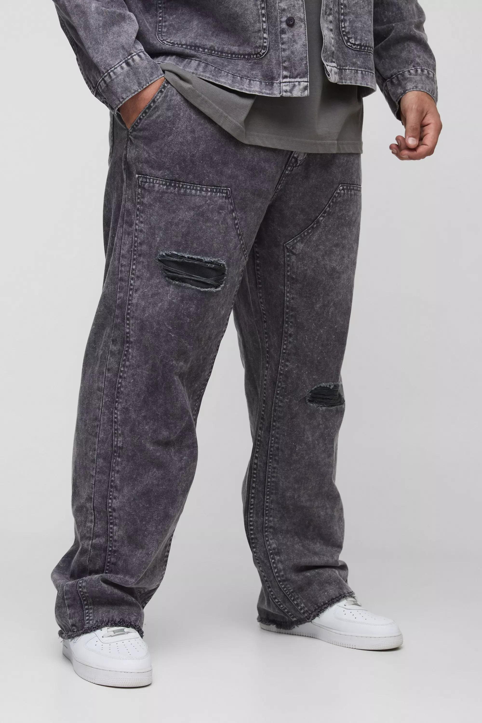 Plus Acid Wash Distressed Relaxed Fit Carpenter Trousers Grey