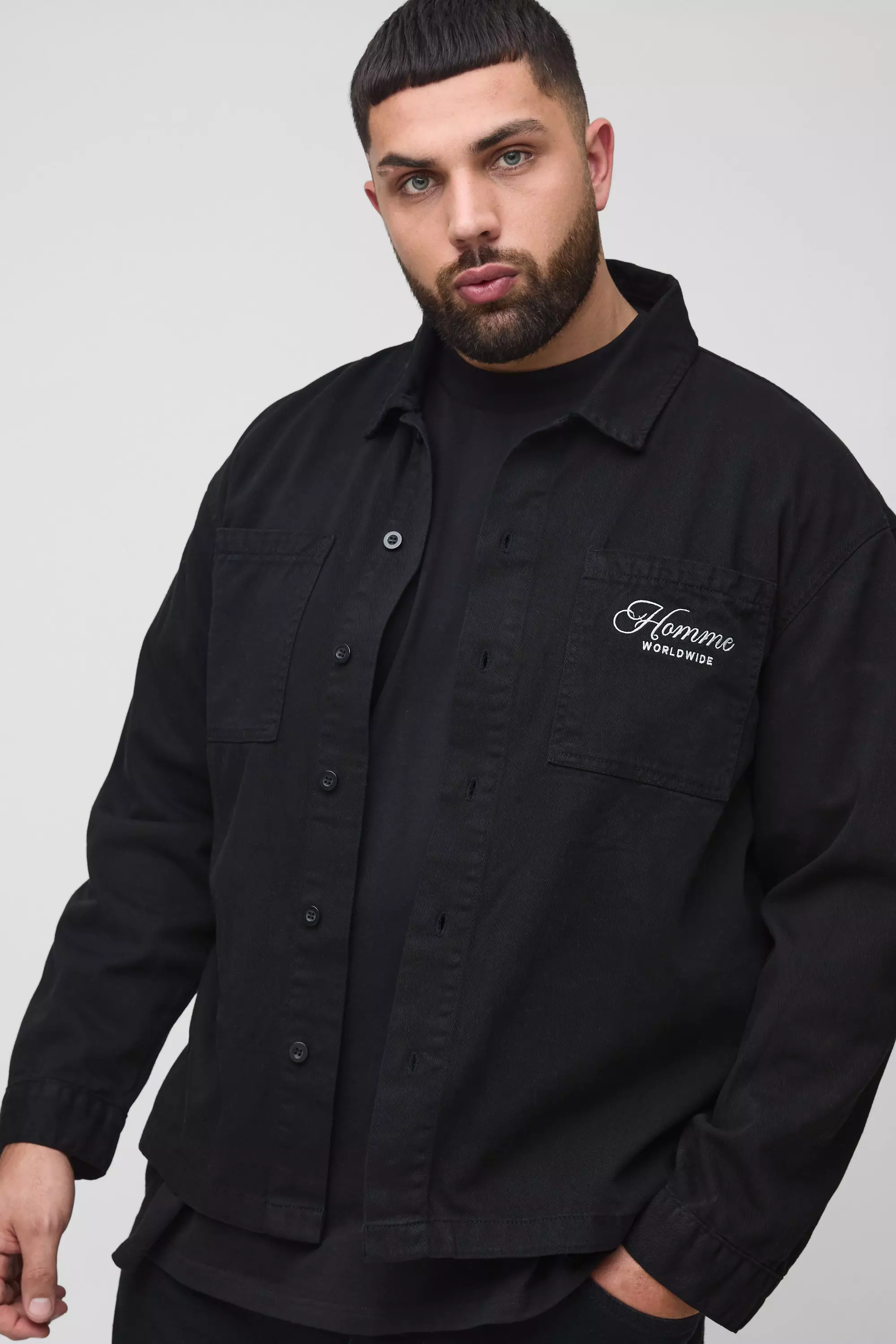 Plus Heavyweight Embroidered Shirt Jacket Washed black