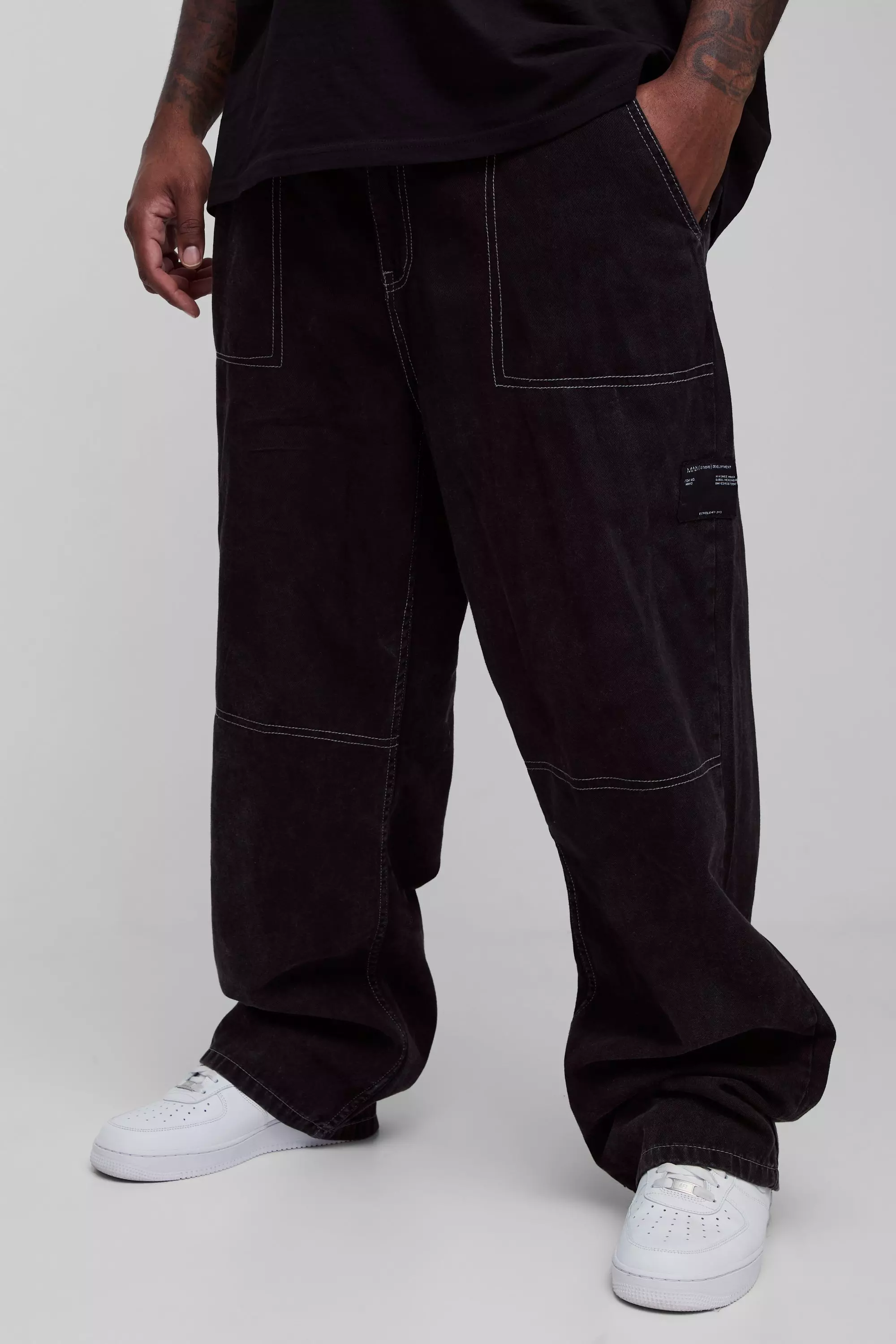 Plus Acid Wash Relaxed Fit Worker Trouser Black