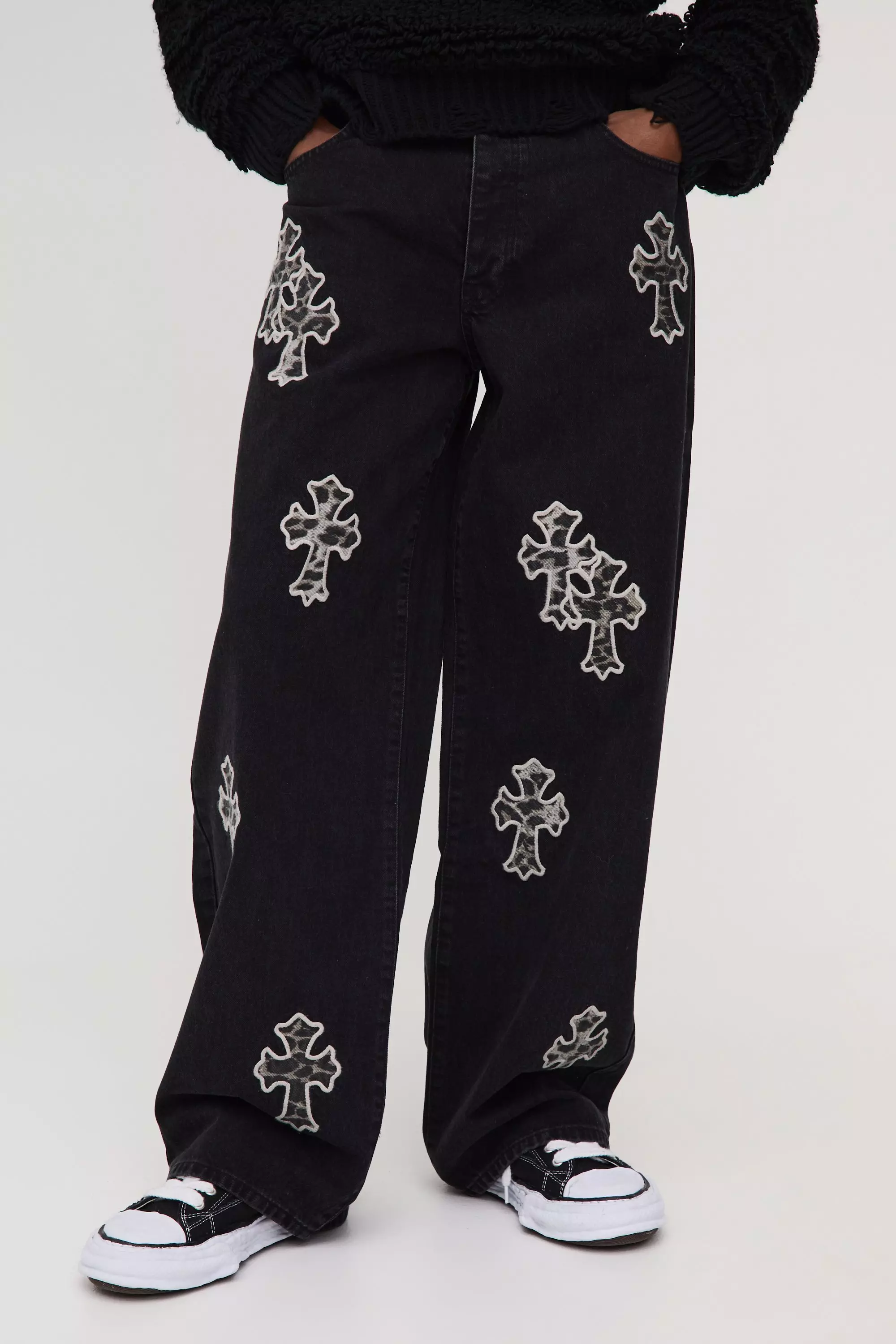 Washed black Tall Baggy Leopard Cross Applique Jeans alternative image