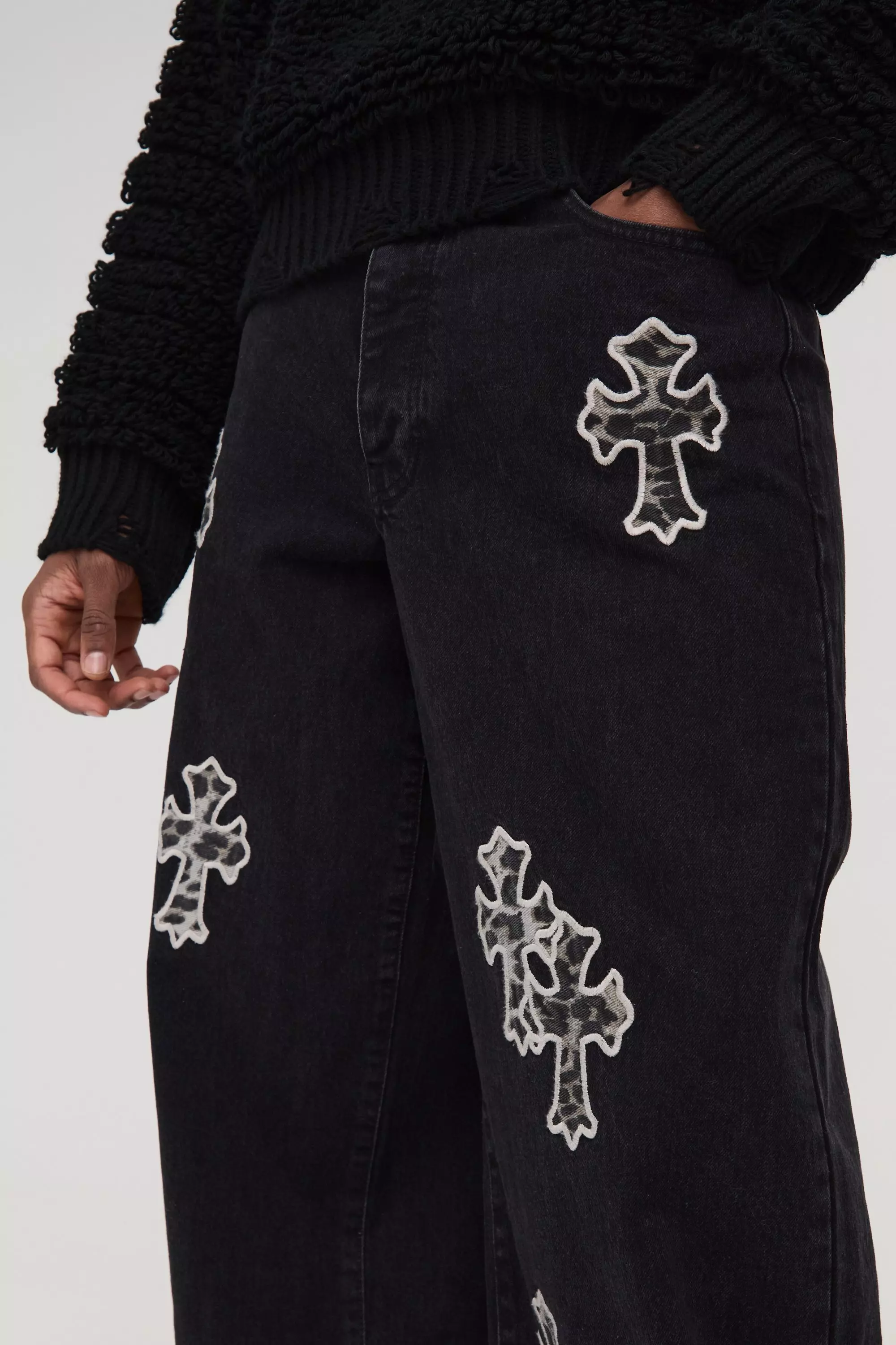 Washed black Tall Baggy Leopard Cross Applique Jeans alternative image