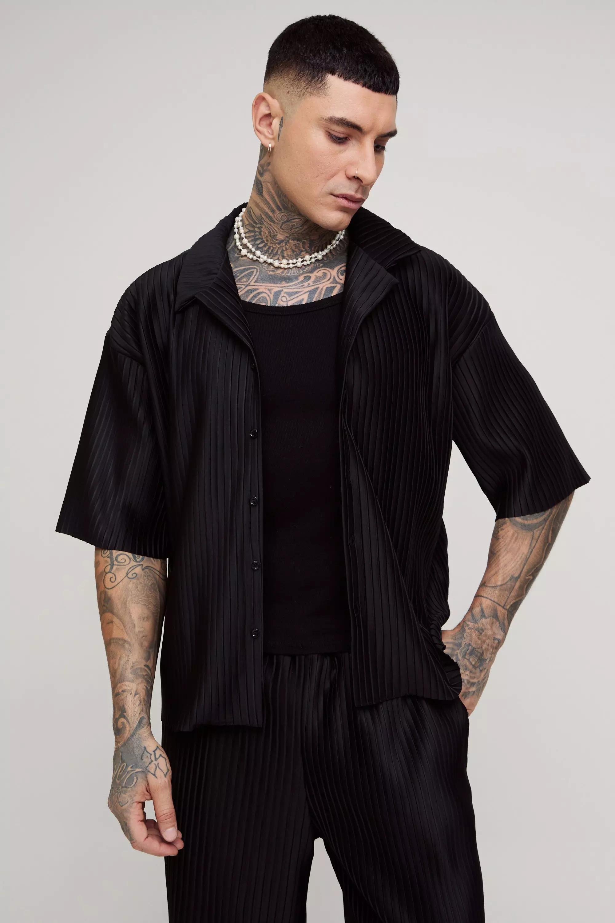 Black Tall Oversized Boxy Revere Pleated Shirt alternative image