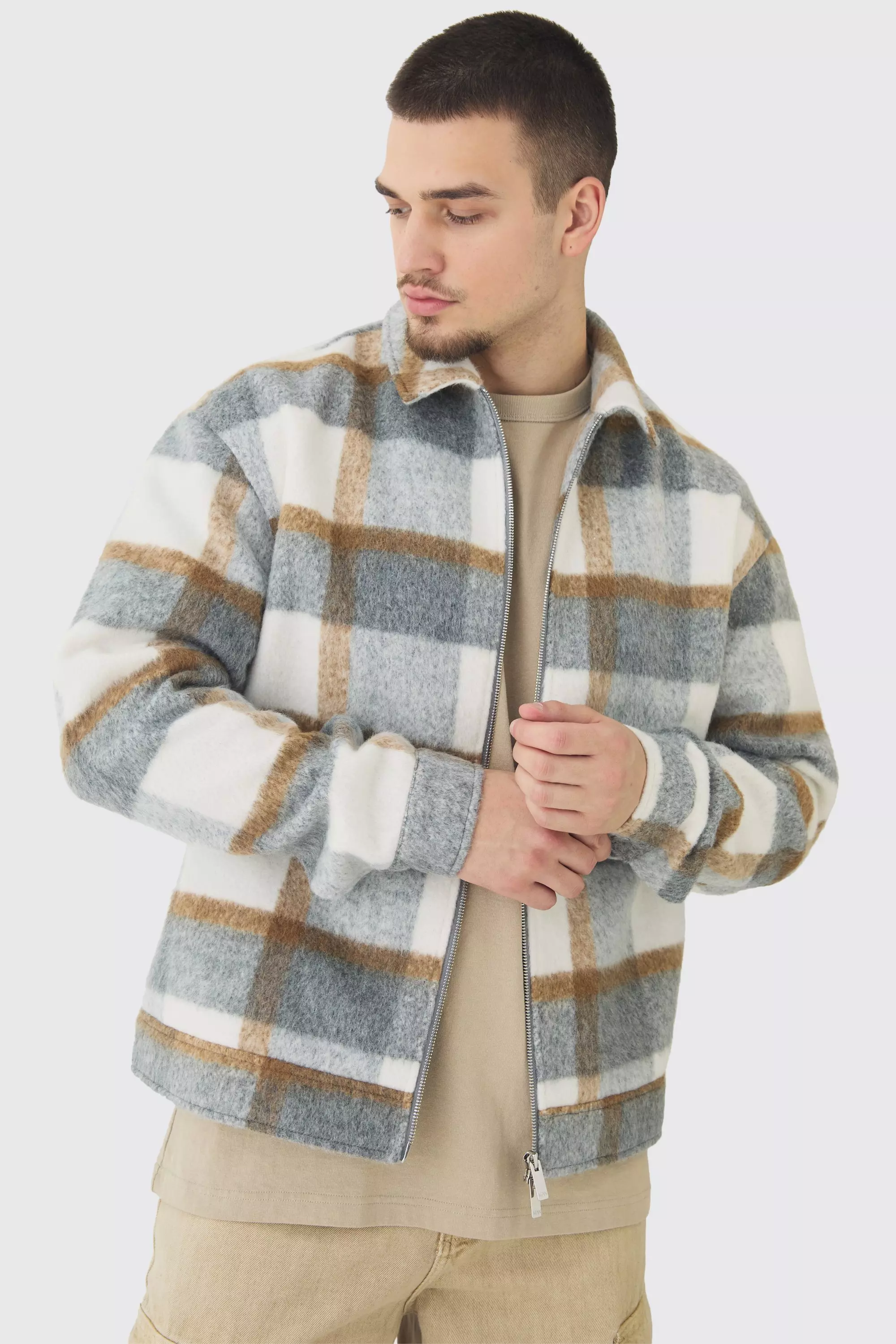 Grey Tall Brushed Check Boxy Zip Up Shirt Jacket