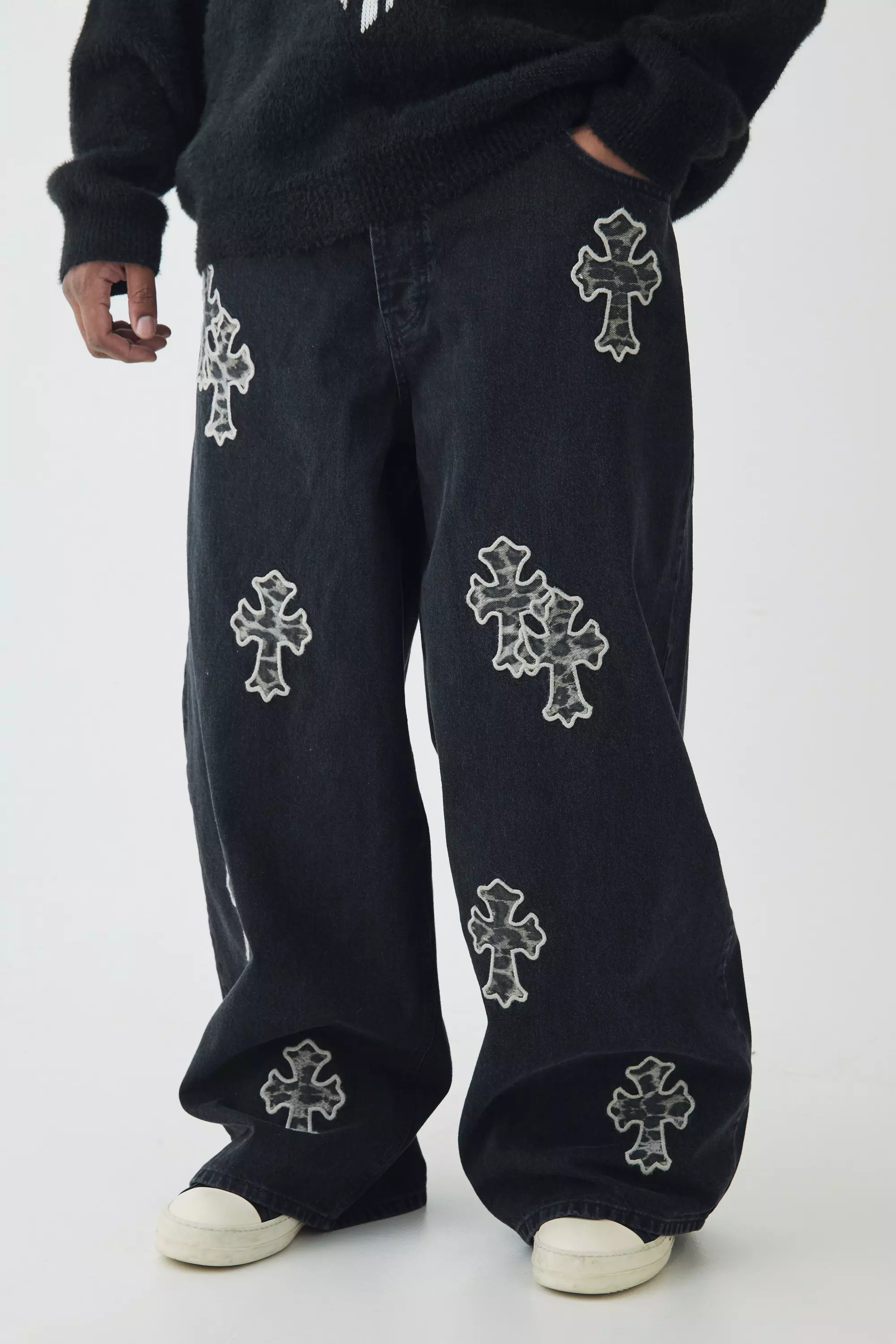 Plus Baggy Leopard Cross Applique Jeans Washed black