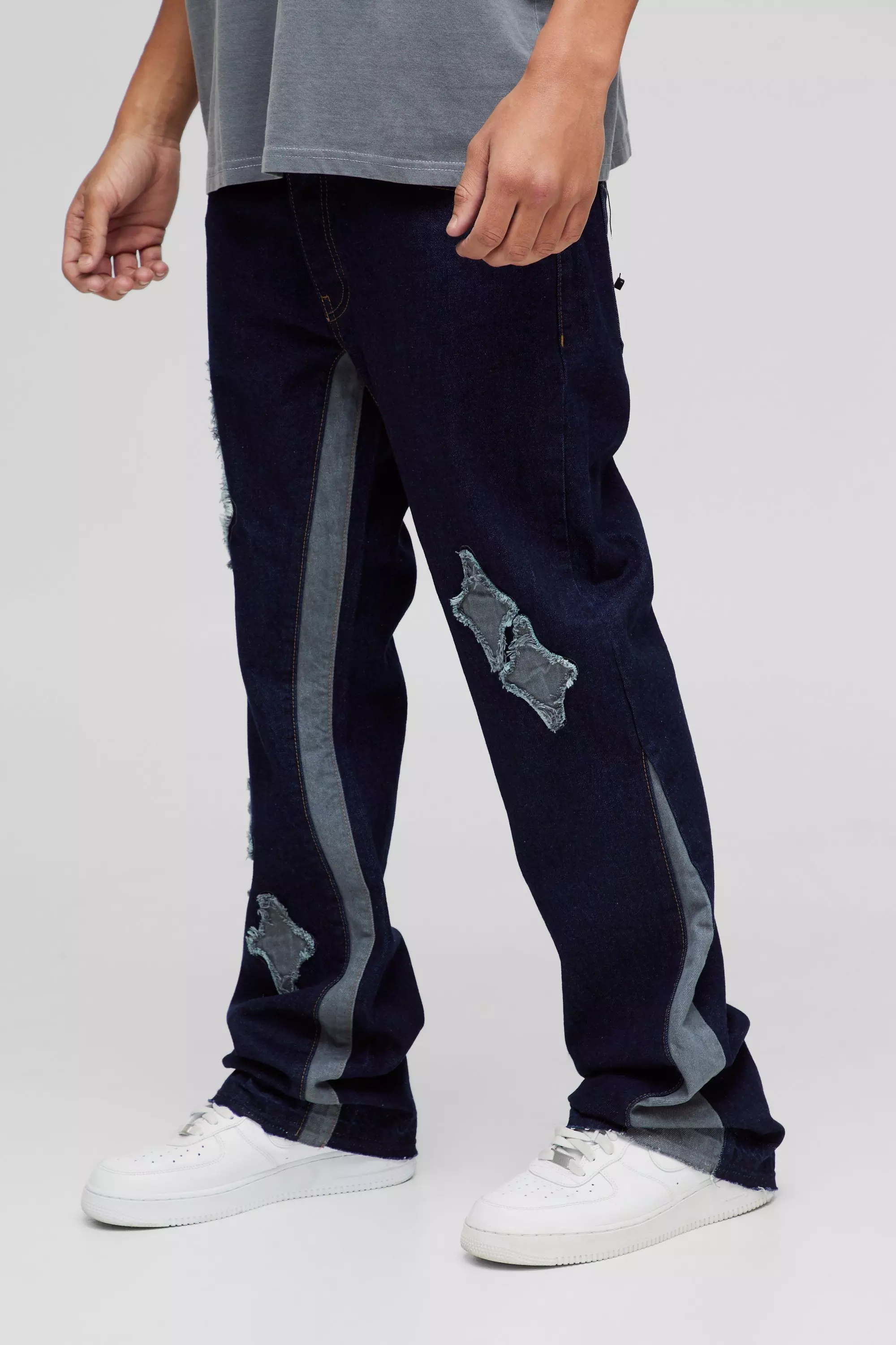 Indigo Onbewerkte Flared Slim Fit Jeans Met Panelen alternatieve afbeelding
