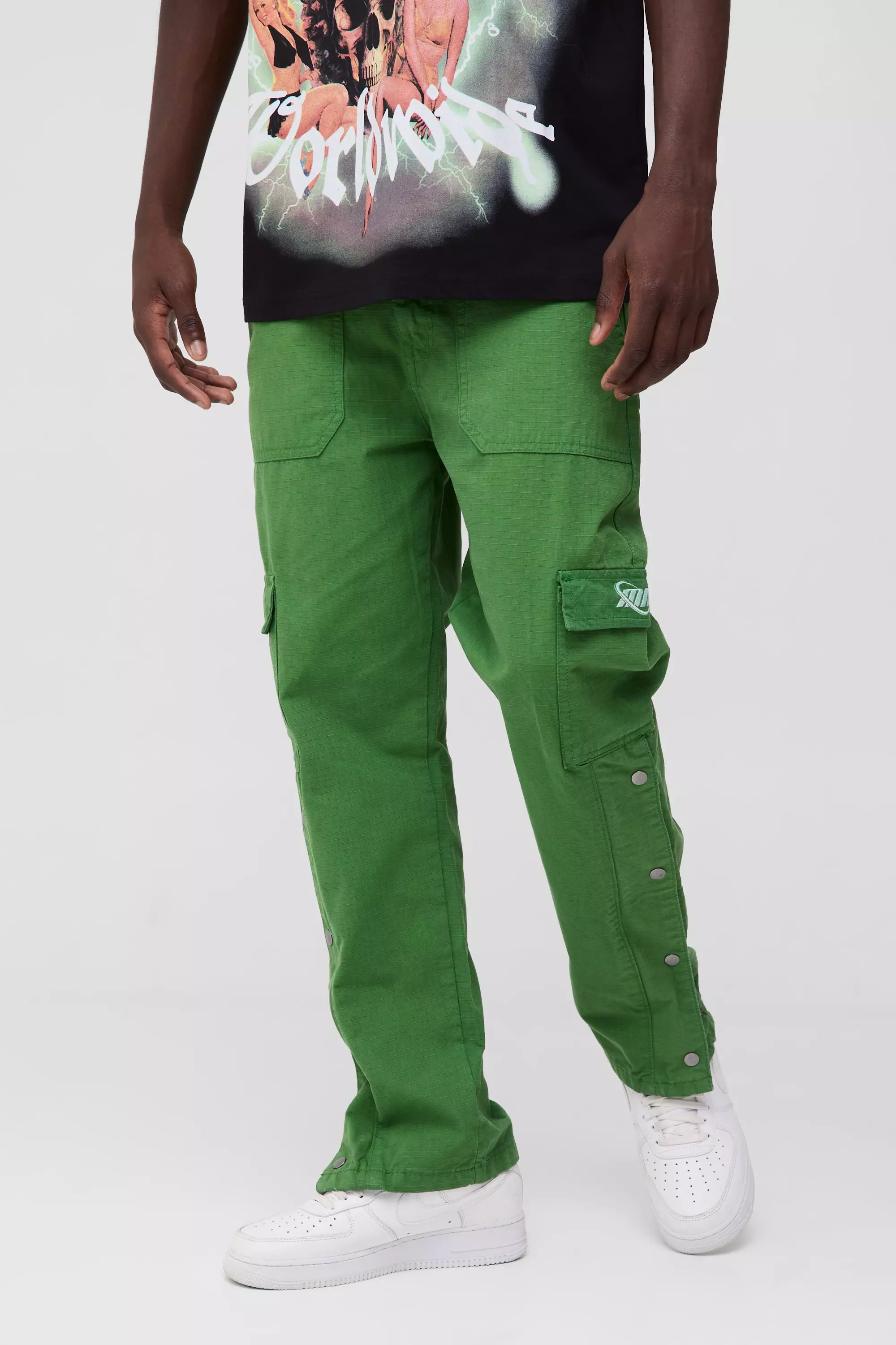 Straight Ripstop Popper Hem Branded Cargo Pants Green