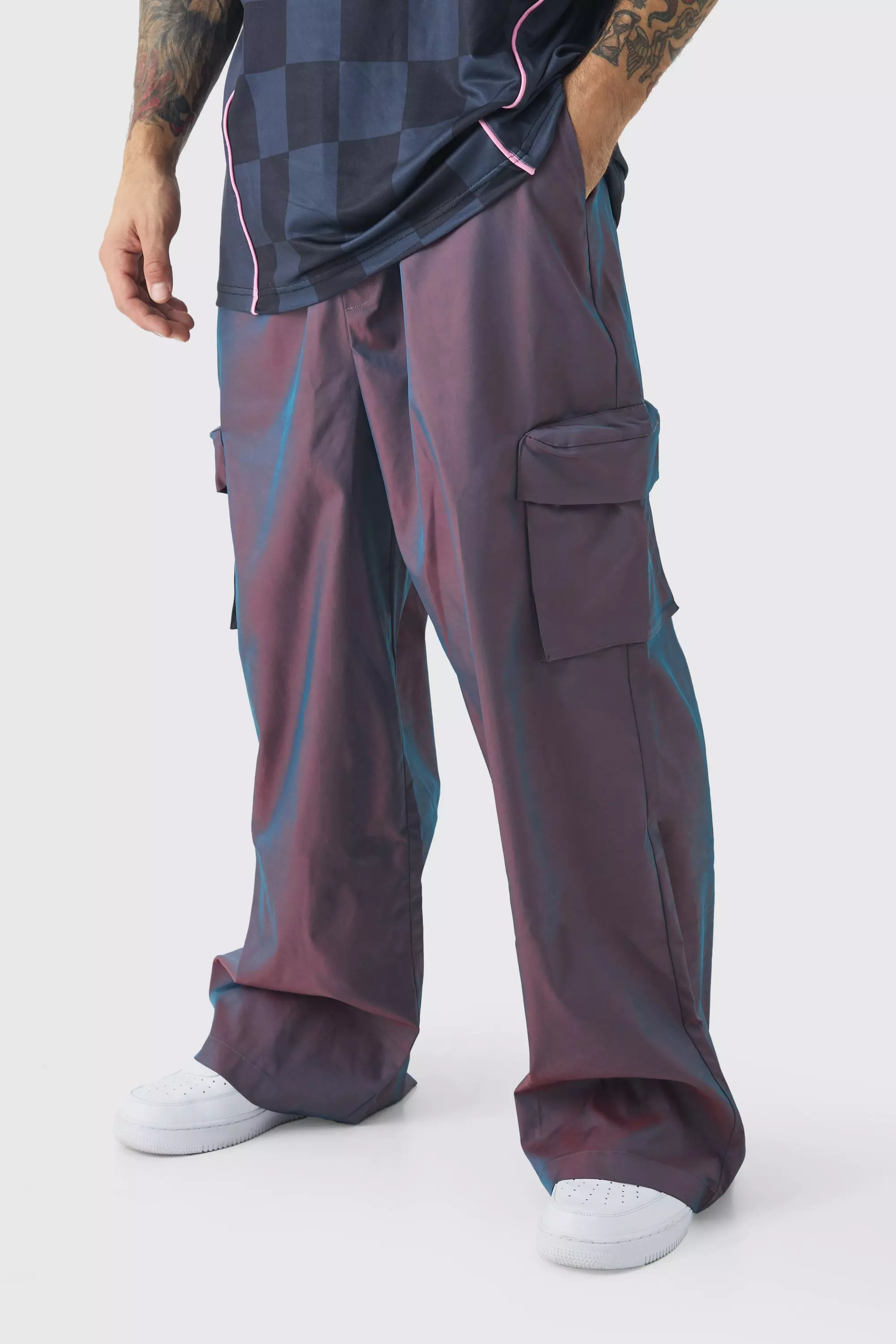 Elasticated Waist Relaxed Iridescent Cargo Trousers Purple