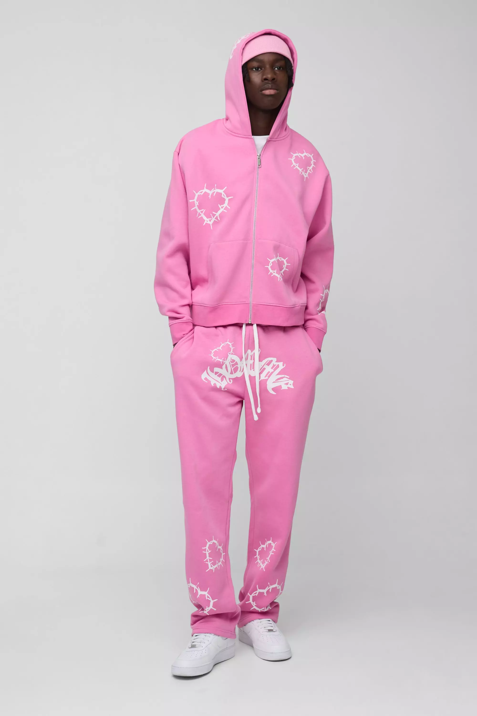 Pink Oversized Boxy Zip Through Heart Print Zip Through Tracksuit