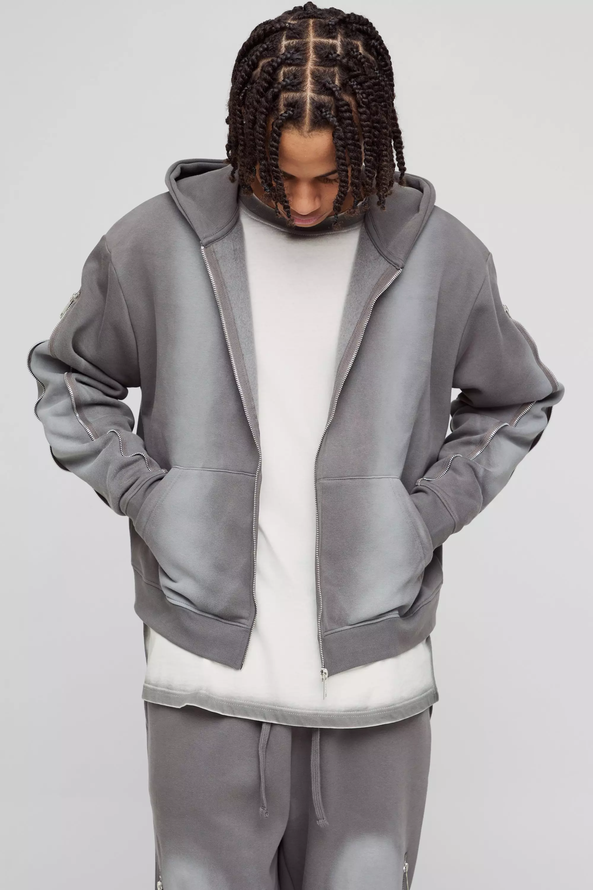 Grey Oversized Boxy Zip Detail Spray Wash Zip Through Hoodie