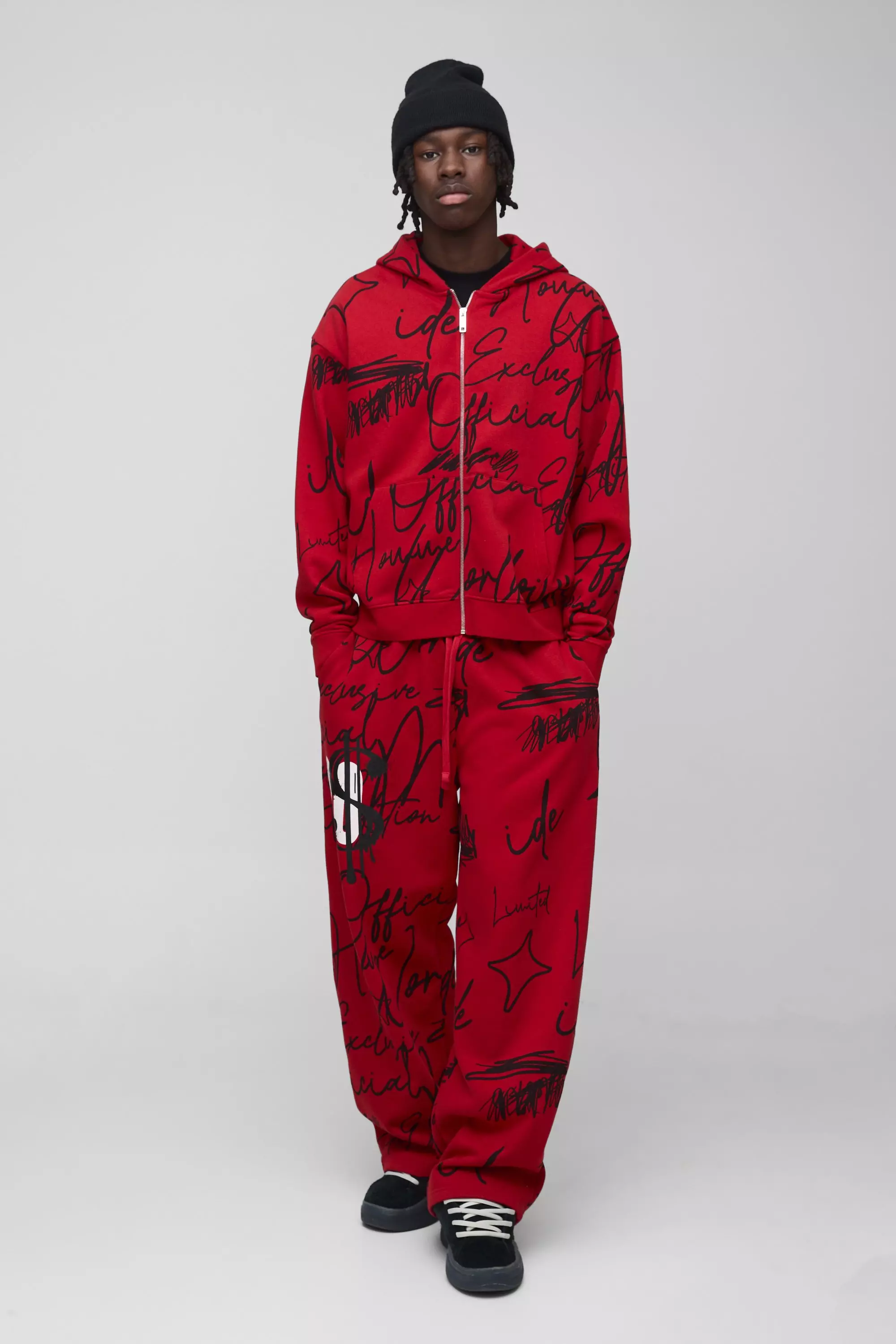 Oversized Boxy All Over Graffiti Zip Through Tracksuit Red